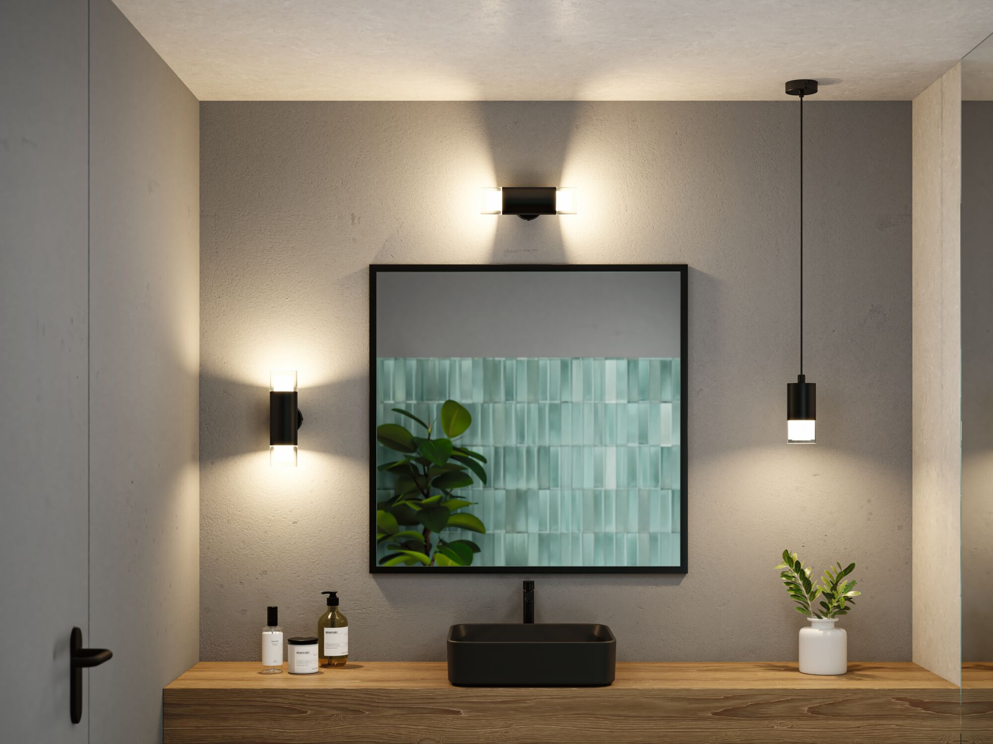 Badezimmer mit schwarzem Waschbecken, Spiegel, Holzwaschtisch und Wandleuchten.