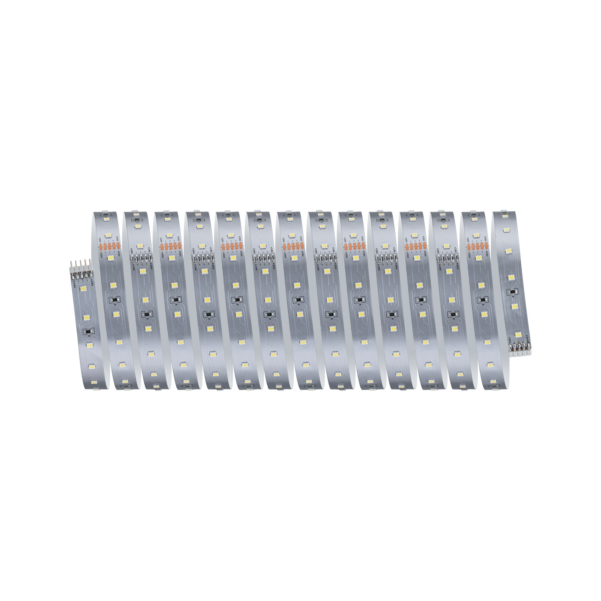 Eine lange, aufgewickelte LED-Streifenleuchte mit sichtbaren gelben Dioden und Stromkreisen auf einem weißen Hintergrund.