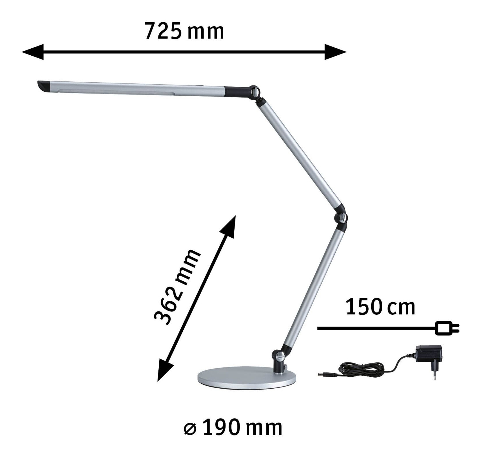 Technische Zeichnung einer silbernen Schreibtischlampe mit Maßangaben für Höhe, Arm und Kabel.