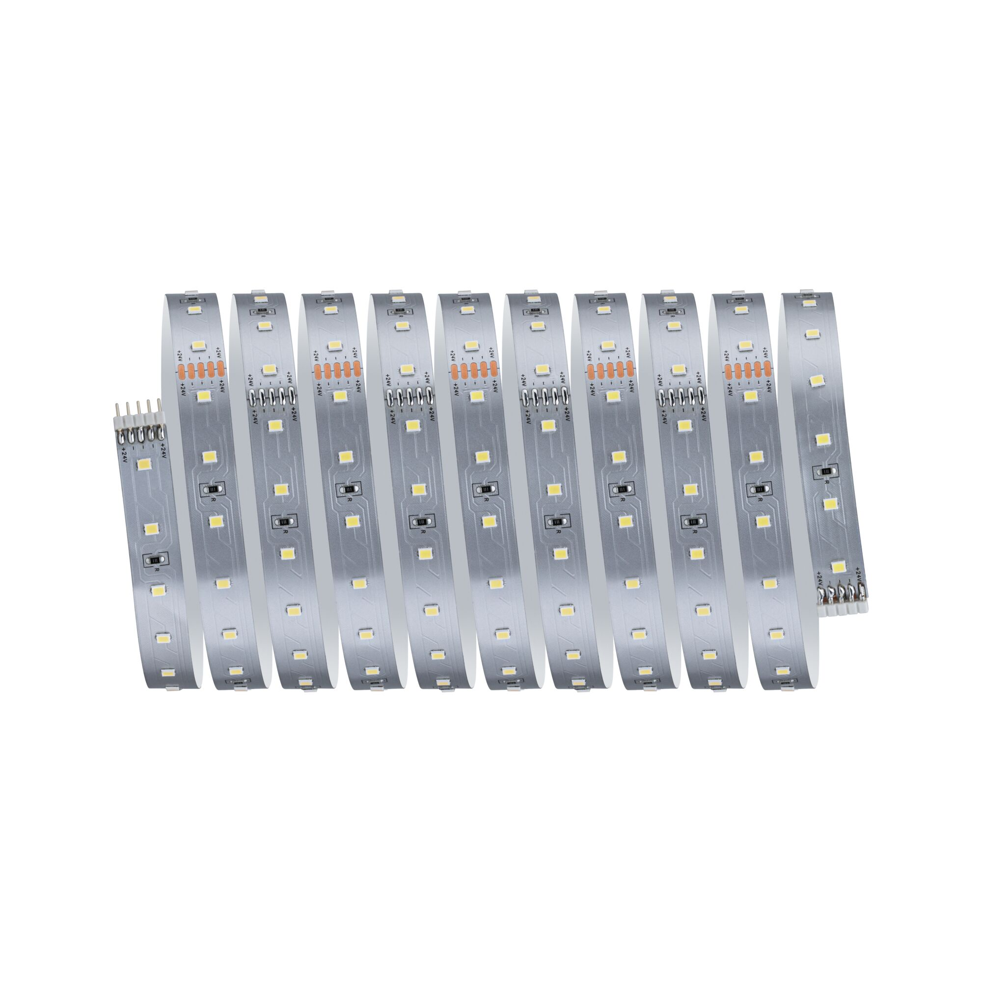 Ein gerollter LED-Streifen mit elektronischen Bauteilen und Kontakten auf weißem Hintergrund.