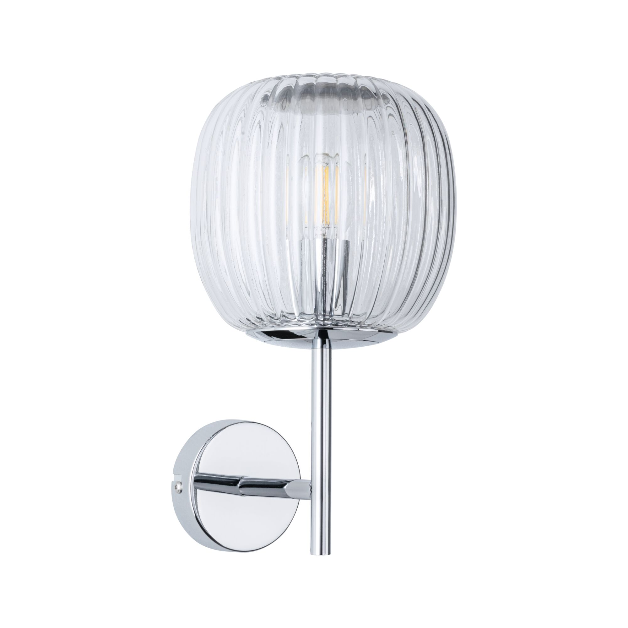Wandlampe mit rundem, geripptem Glasschirm und verchromter Halterung auf weiße Hintergrund.
