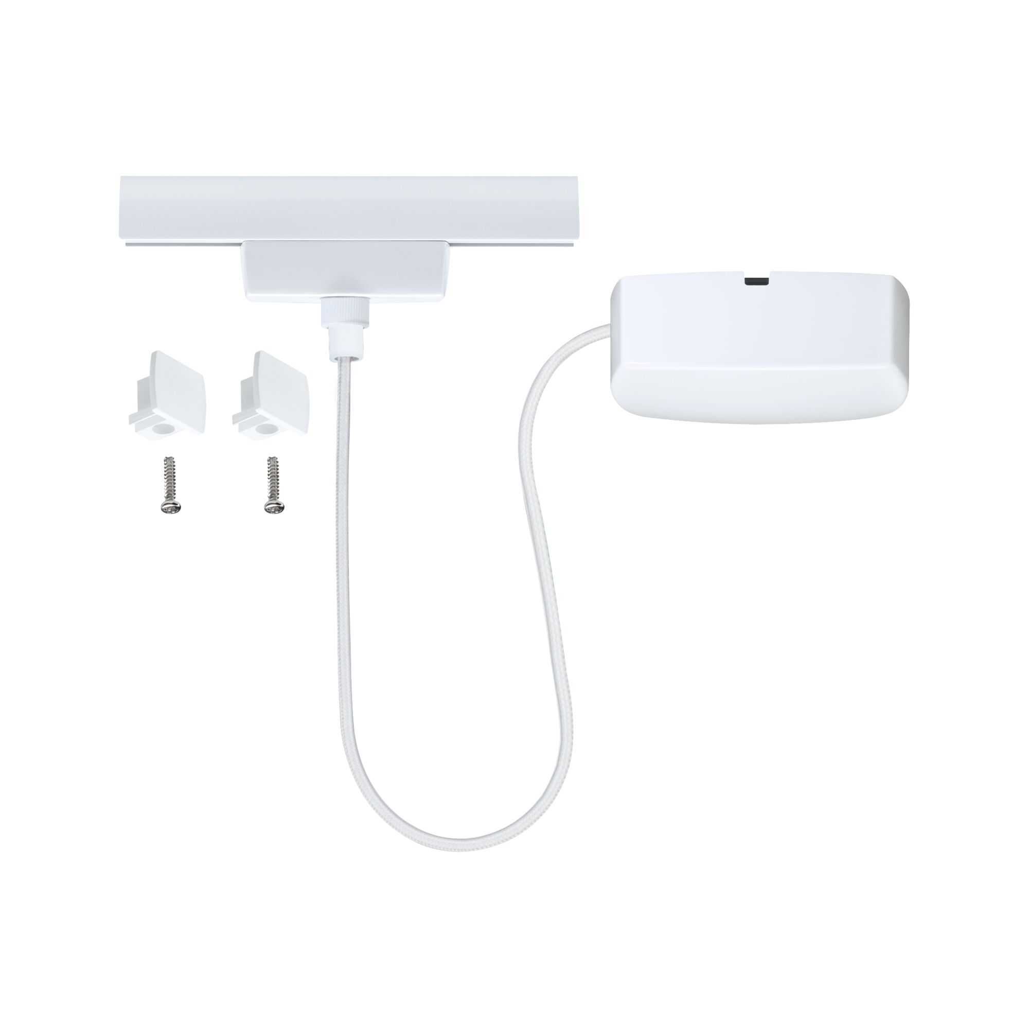 Weiße Schienenbeleuchtungskomponenten, inkl. Kabel, Endkappen und Schrauben vor weißem Hintergrund.