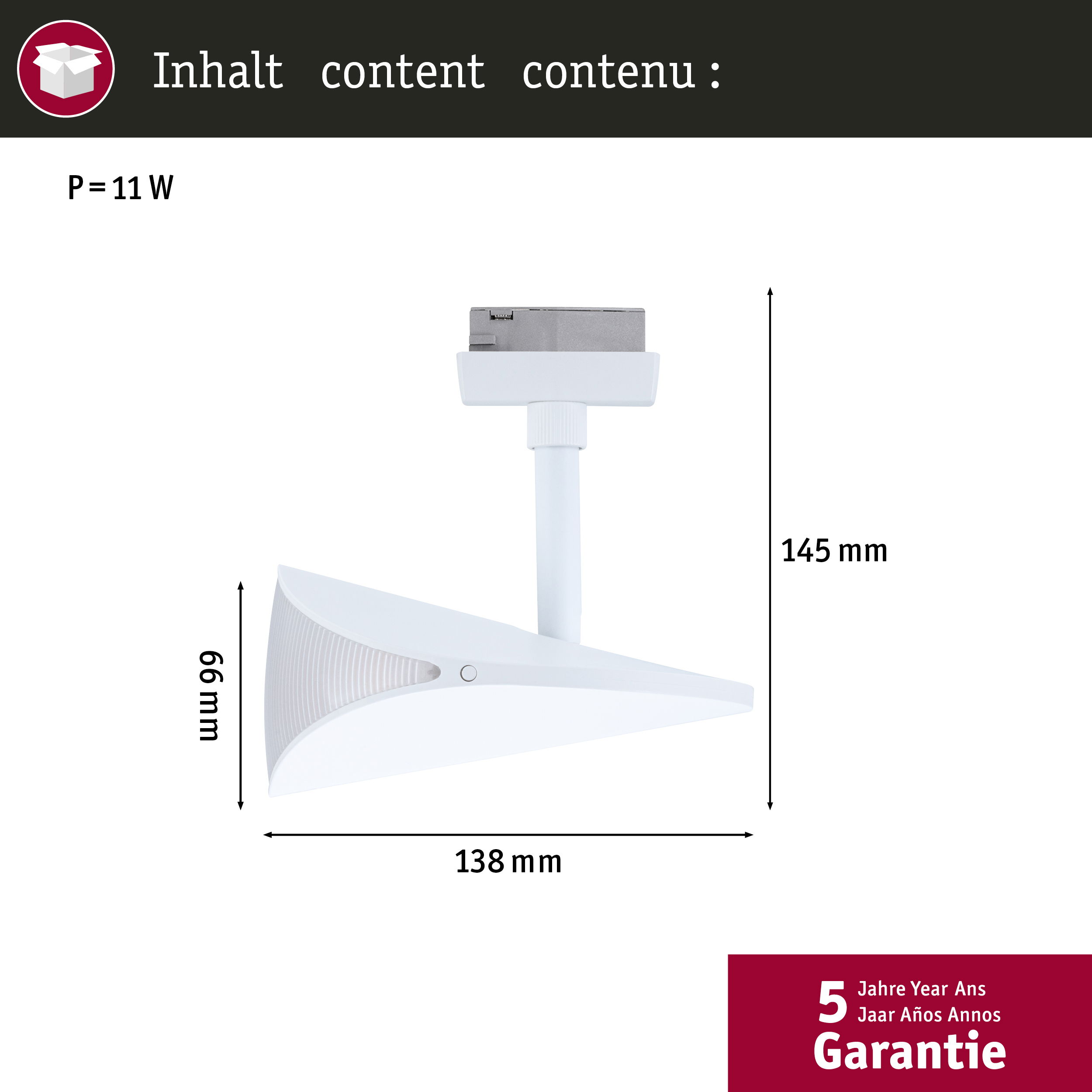 Technische Zeichnung einer weißen LED-Schienenleuchte mit Maßen und 5 Jahren Garantie.
