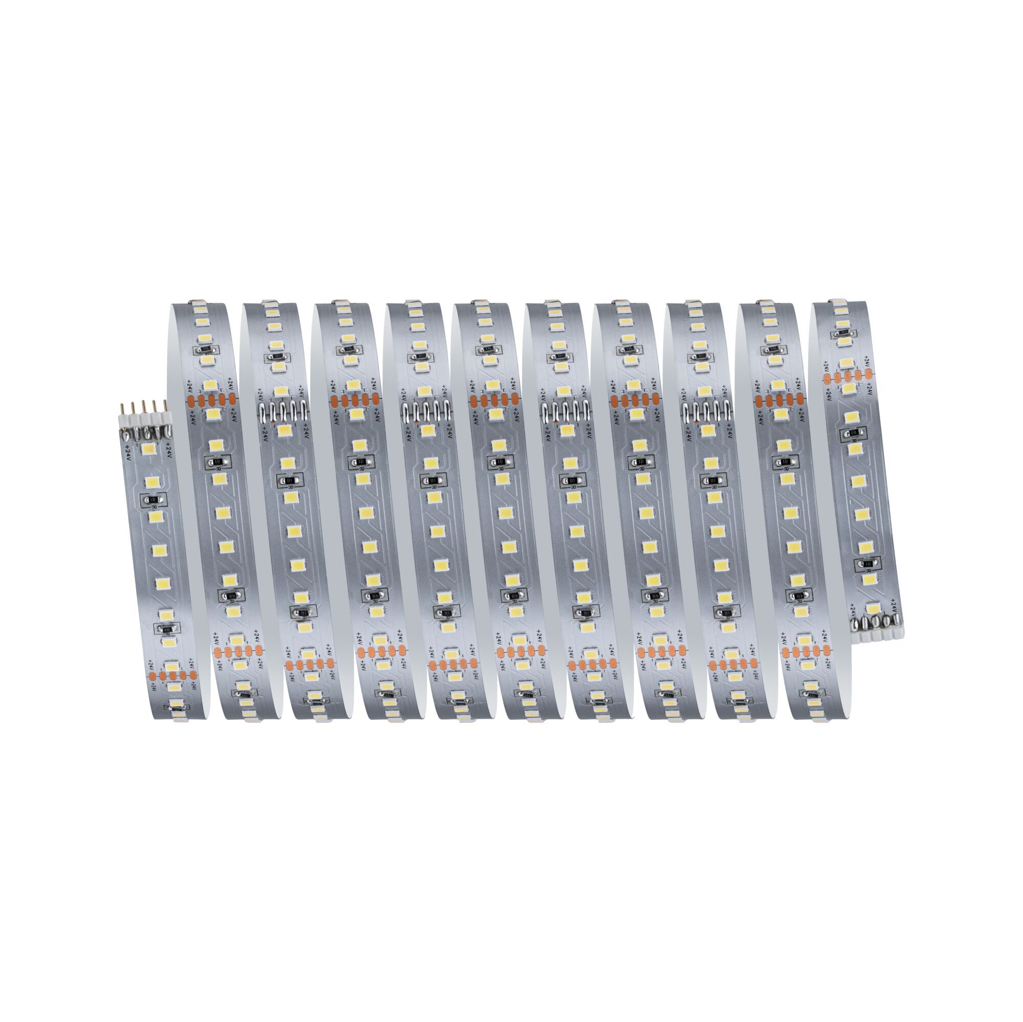 Eine lange weiße LED-Streifenrolle mit integrierten Chips auf silbernem Untergrund vor weißem Hintergrund.