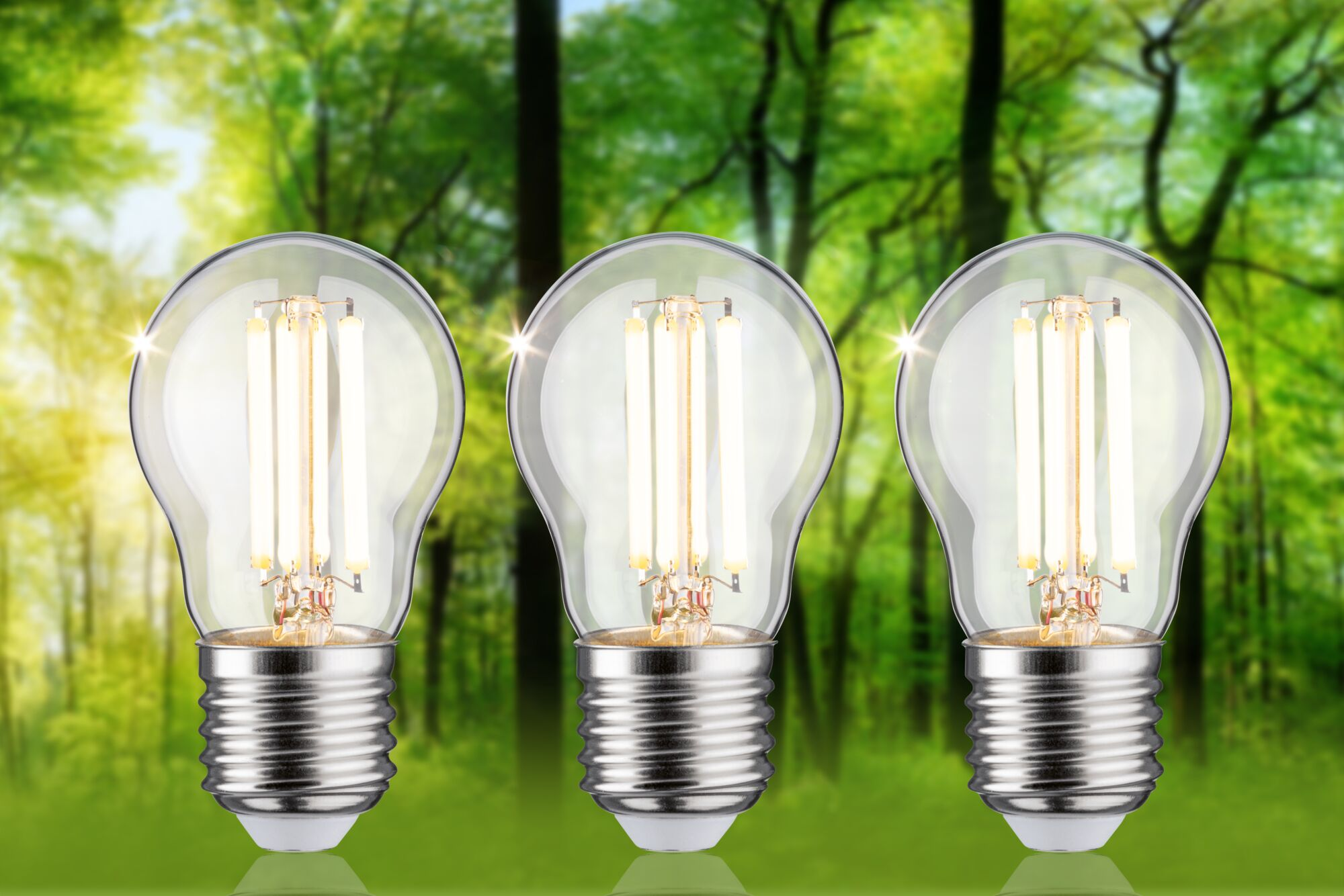 Drei beleuchtete LED-Glühbirnen stehen in einer Reihe vor einem verschwommenen grünen Wald.