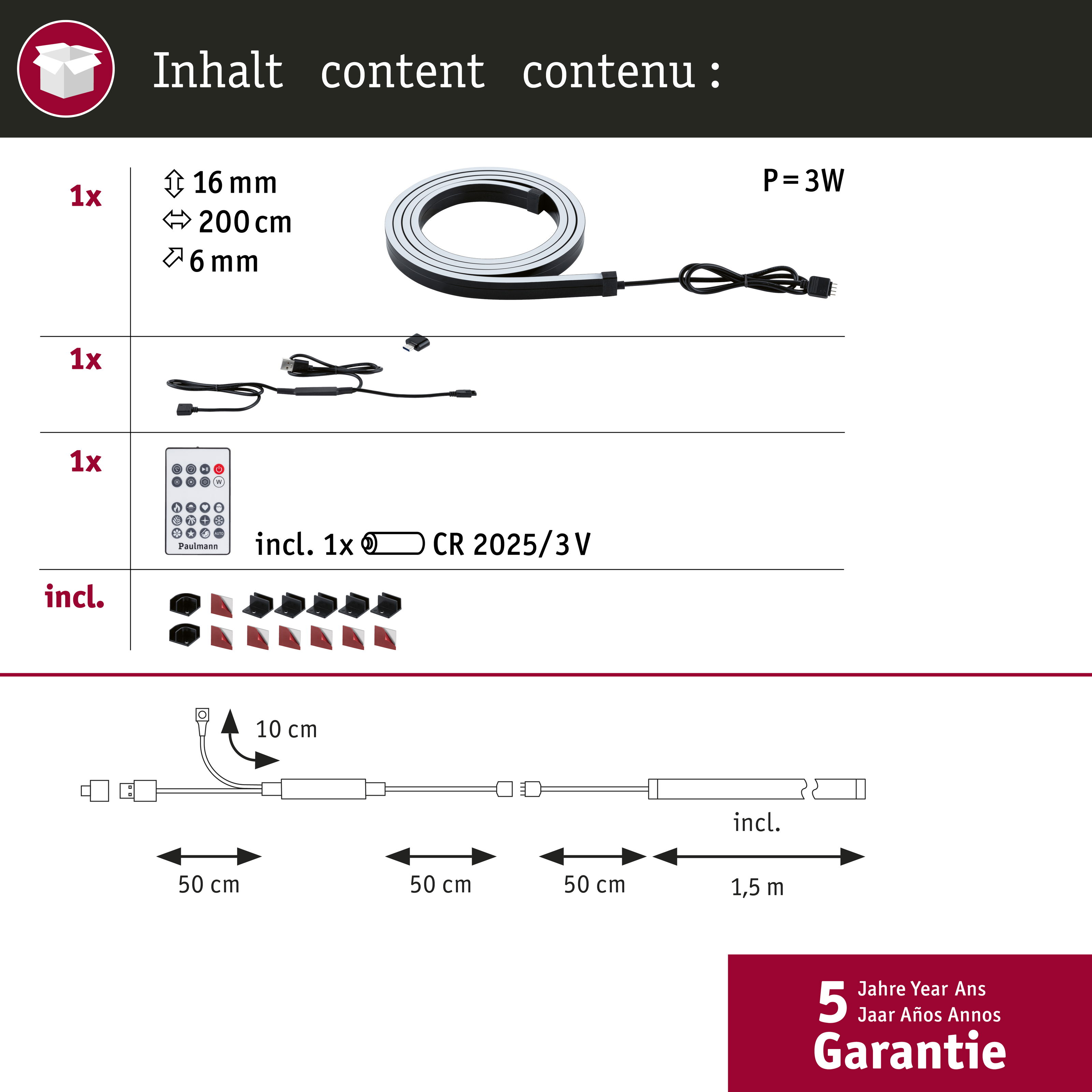 Inhalt einer LED-Leiste mit Zubehör, Fernbedienung, Kabel und Montageclips inklusive 5 Jahren Garantie.