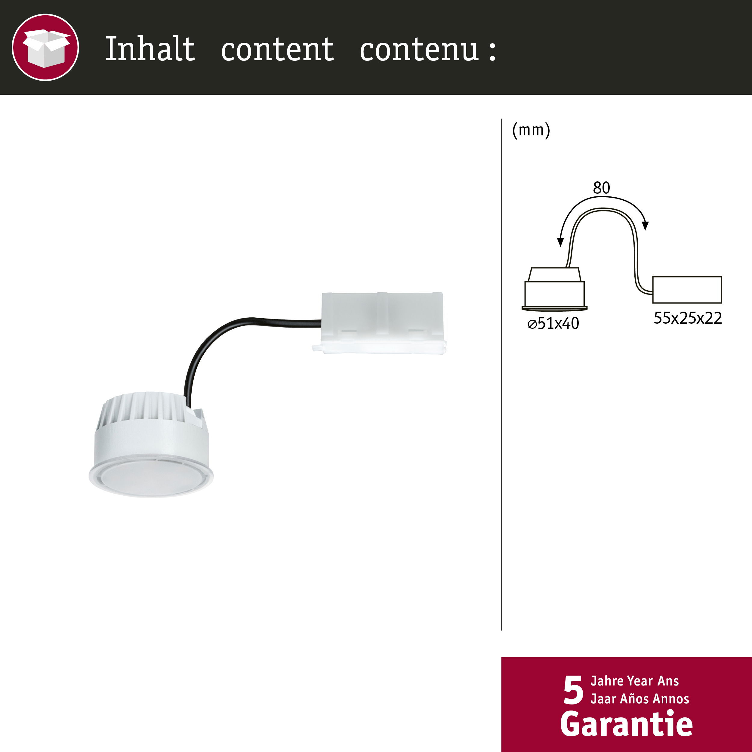 Weißes LED-Leuchtmittel mit schwarzem Kabel und Stecker, Maßzeichnung und 5 Jahren Garantie.