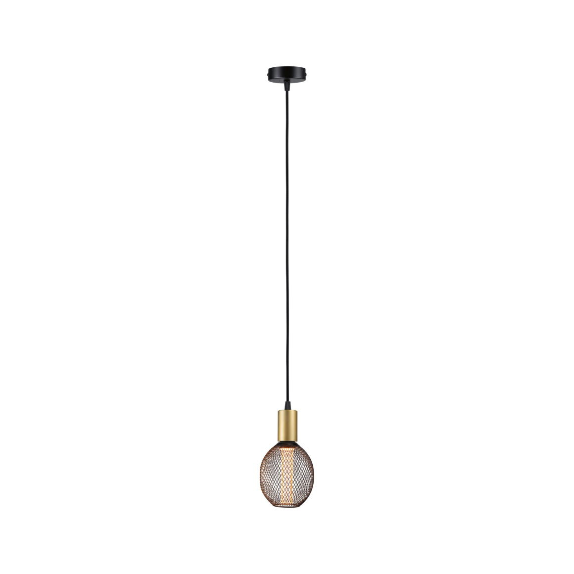 Eine schwarze Hängelampe mit einem goldenen Element und einem runden, gitterartigen Lampenschirm auf weißem Grund.