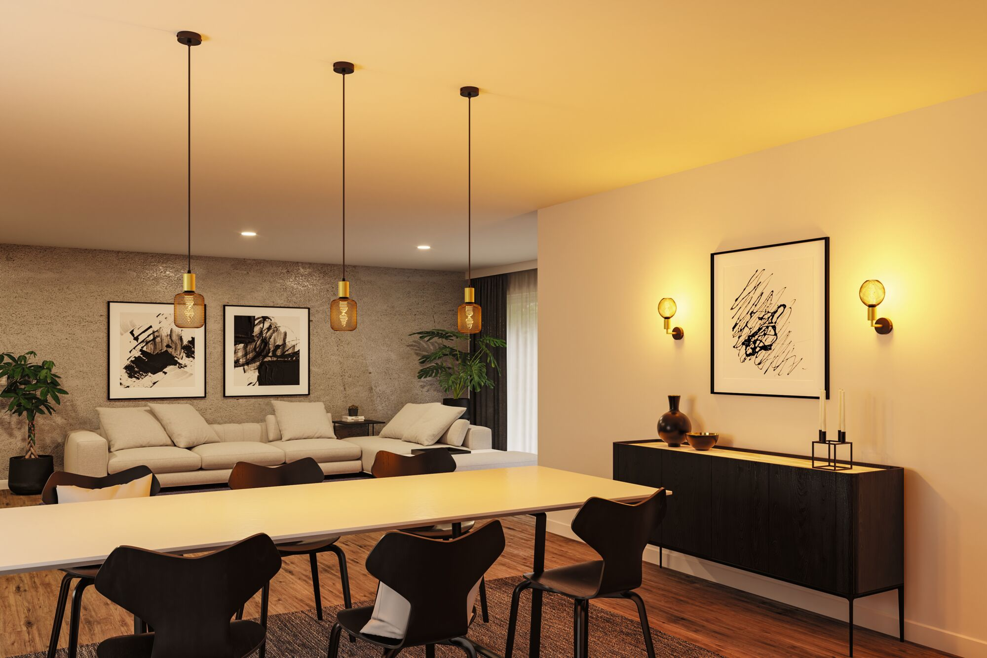 Moderne Beleuchtung in einem geräumigen Esszimmer mit Tisch, schwarzen Stühlen, Kunstwerken und warmer Beleuchtung.