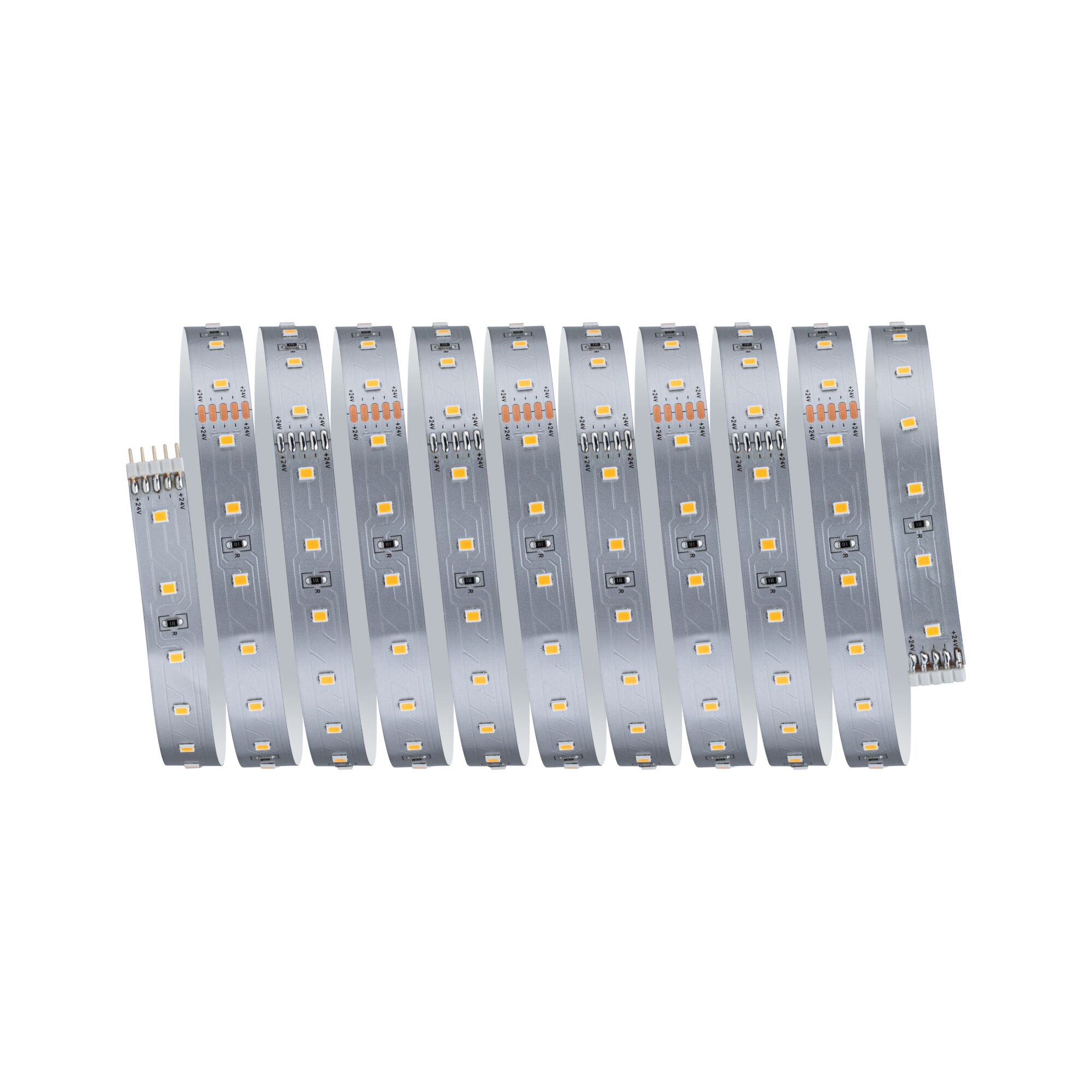 Aufgerollter, flexibler LED-Streifen mit gelben SMD-Dioden und Kupferkontakten auf weißem Hintergrund.