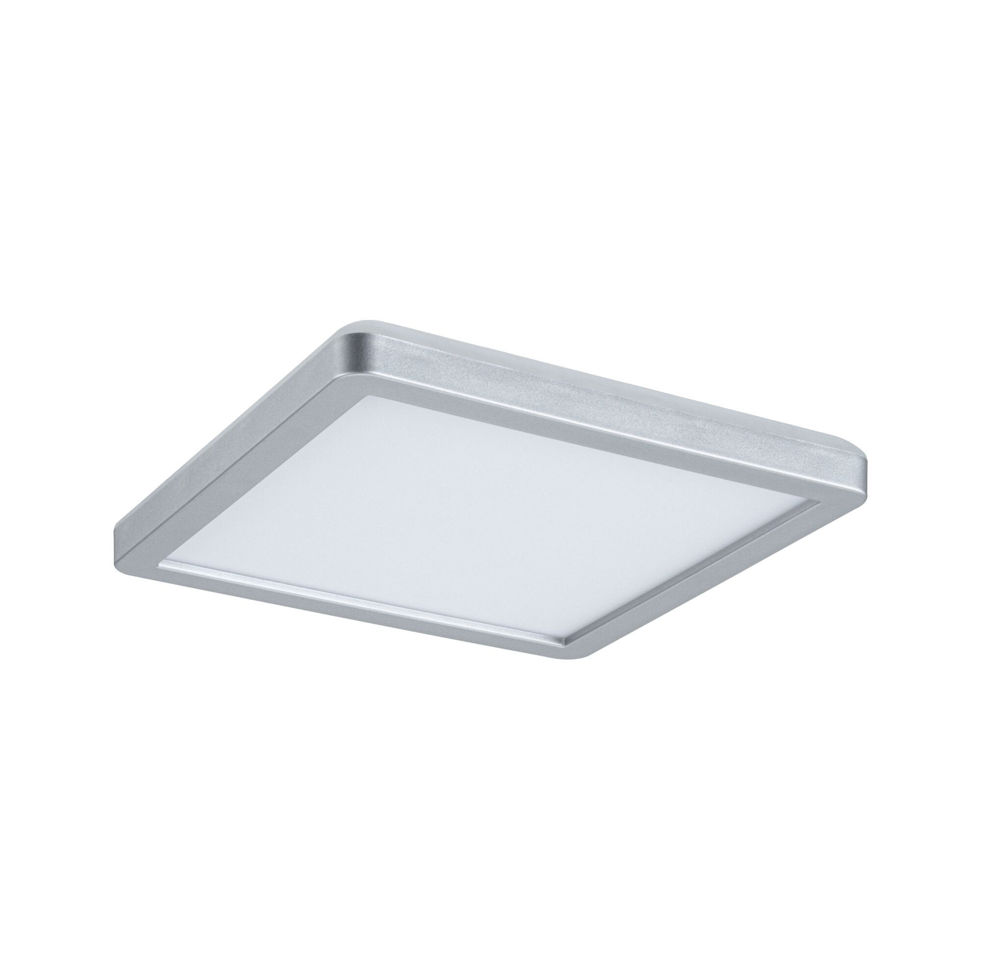 Eine quadratische, silberne LED-Deckenleuchte mit einer weißen Diffusorplatte.
