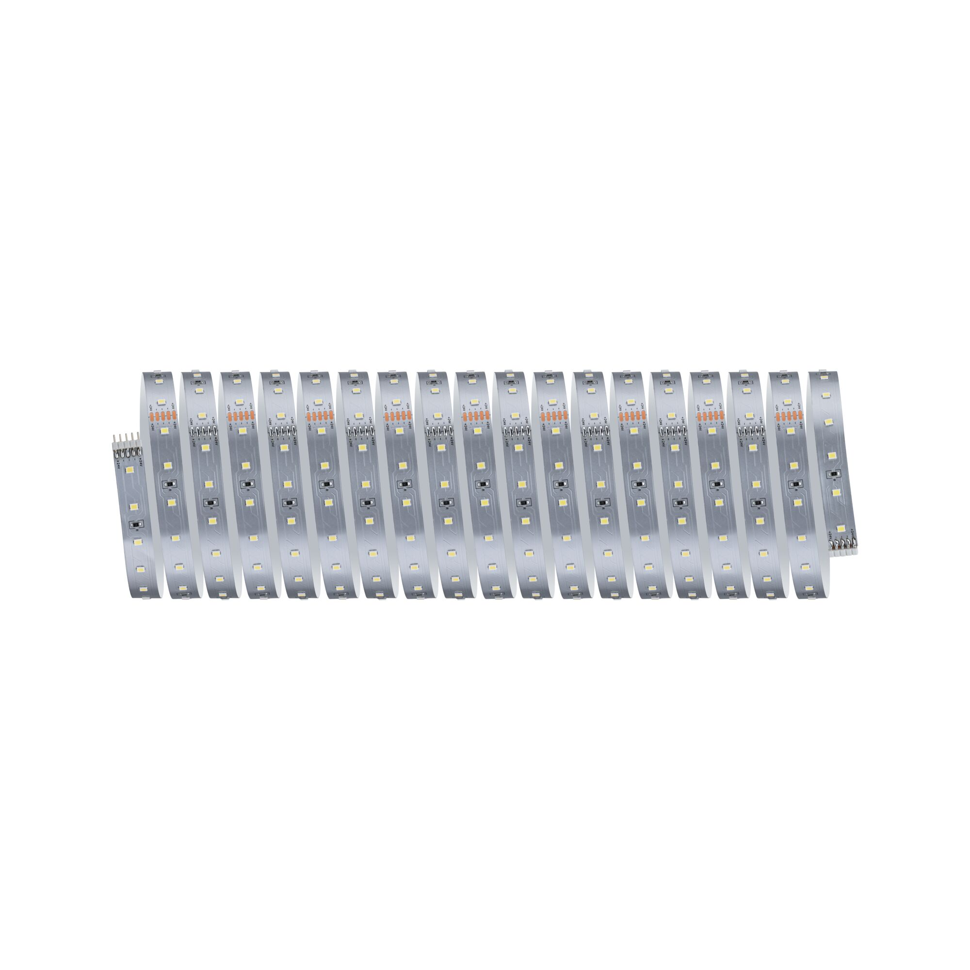 Eine lange, aufgerollte LED-Lichtleiste mit SMD-Chips auf weißem Hintergrund.