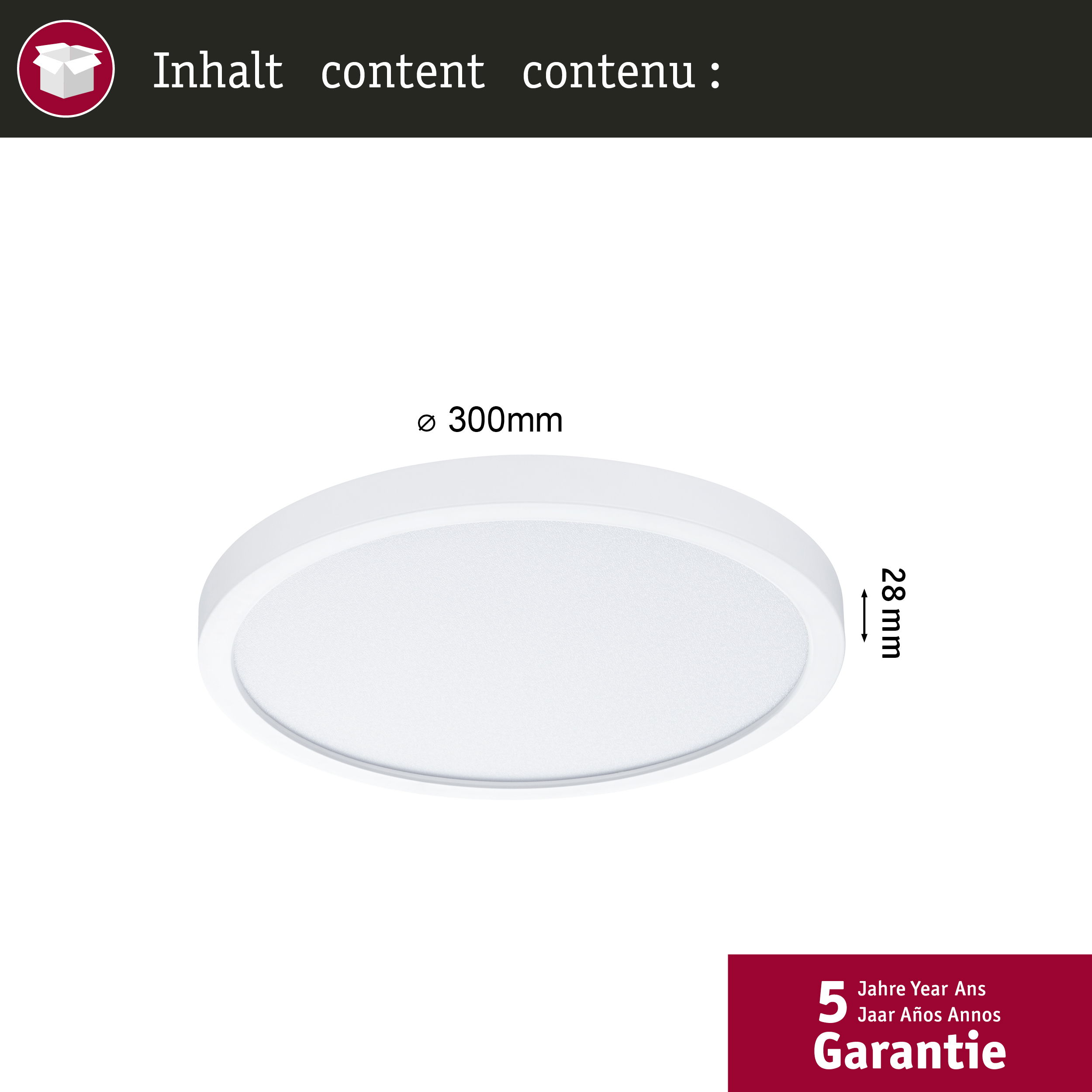 Runde weiße LED-Deckenleuchte mit 300 mm Durchmesser und 28 mm Höhe, 5 Jahre Garantie.