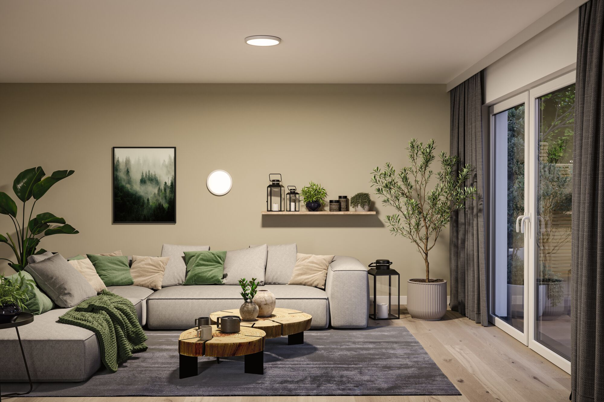 Ein gemütliches Wohnzimmer mit grauem Sofa, Holztischchen, Regal mit Pflanzen und großem Fenster.