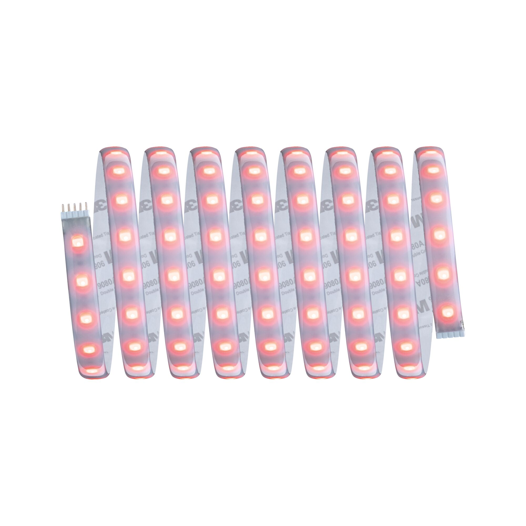 Eine flexible LED-Lichtleiste ist gewickelt und leuchtet rot vor weißem Hintergrund.