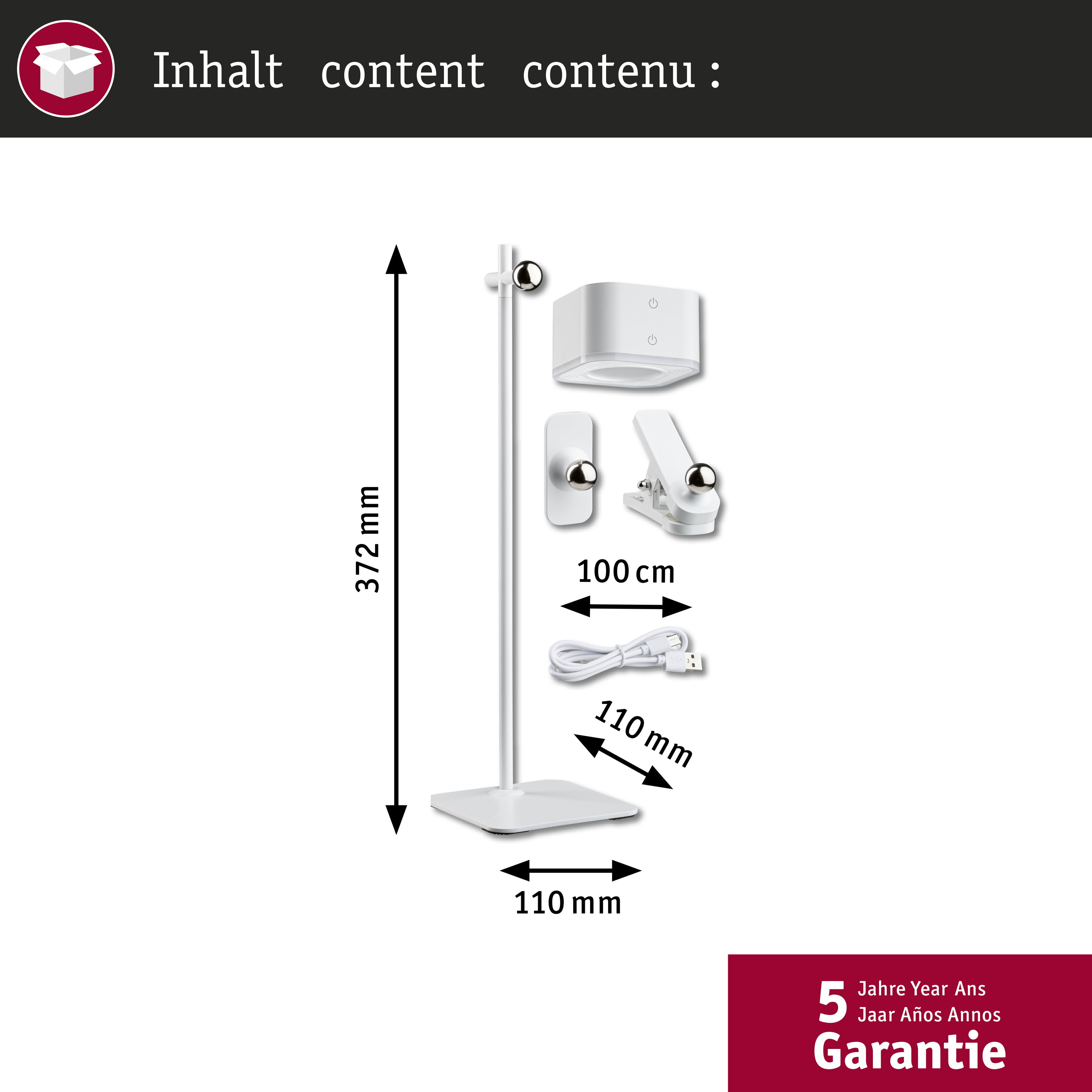 Zawartość produktu z białym stojakiem, głowicą lampy, uchwytami, kablem USB i wymiarami.