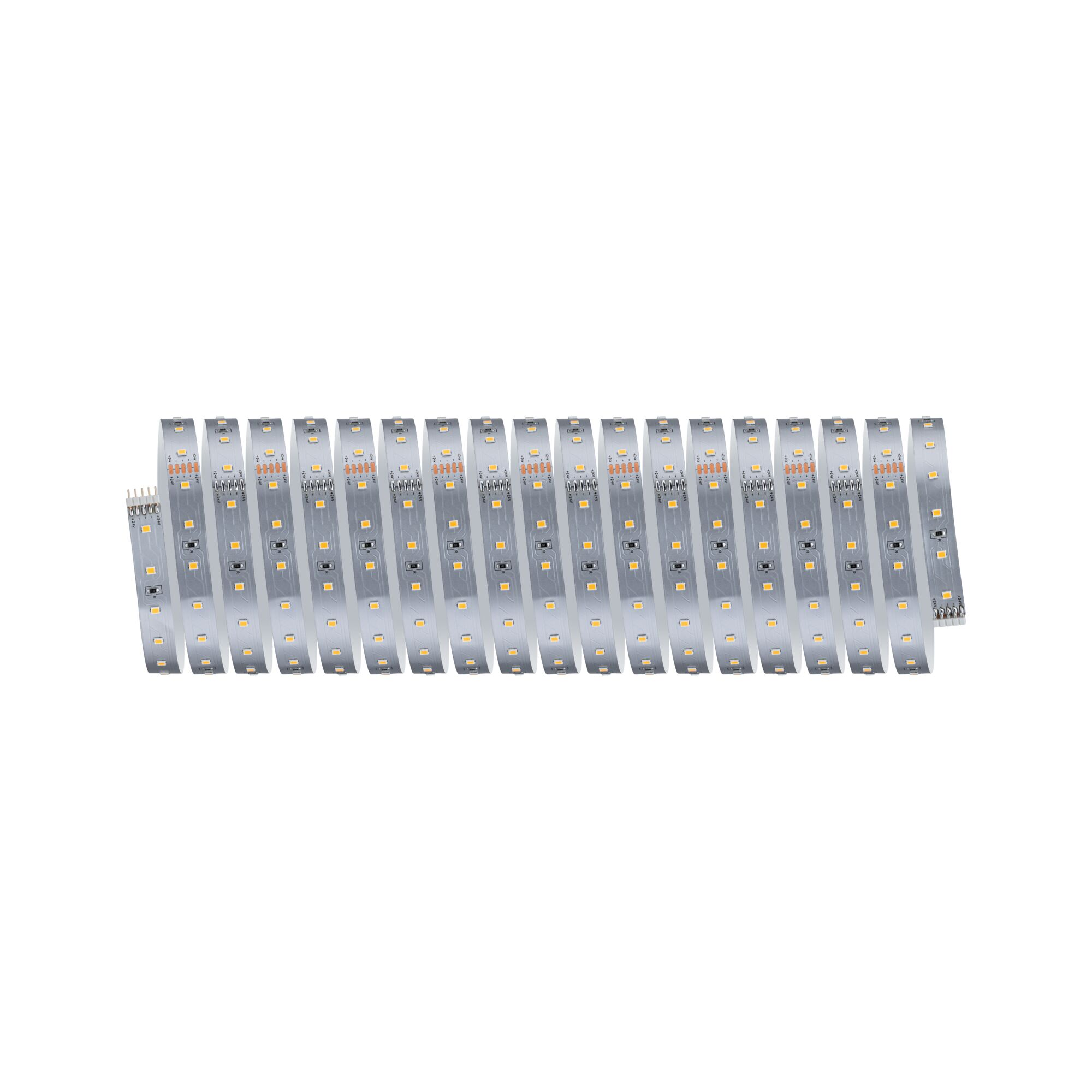 Eine lange LED-Streifenrolle mit gelben SMD-Dioden und Kupferkontakten.