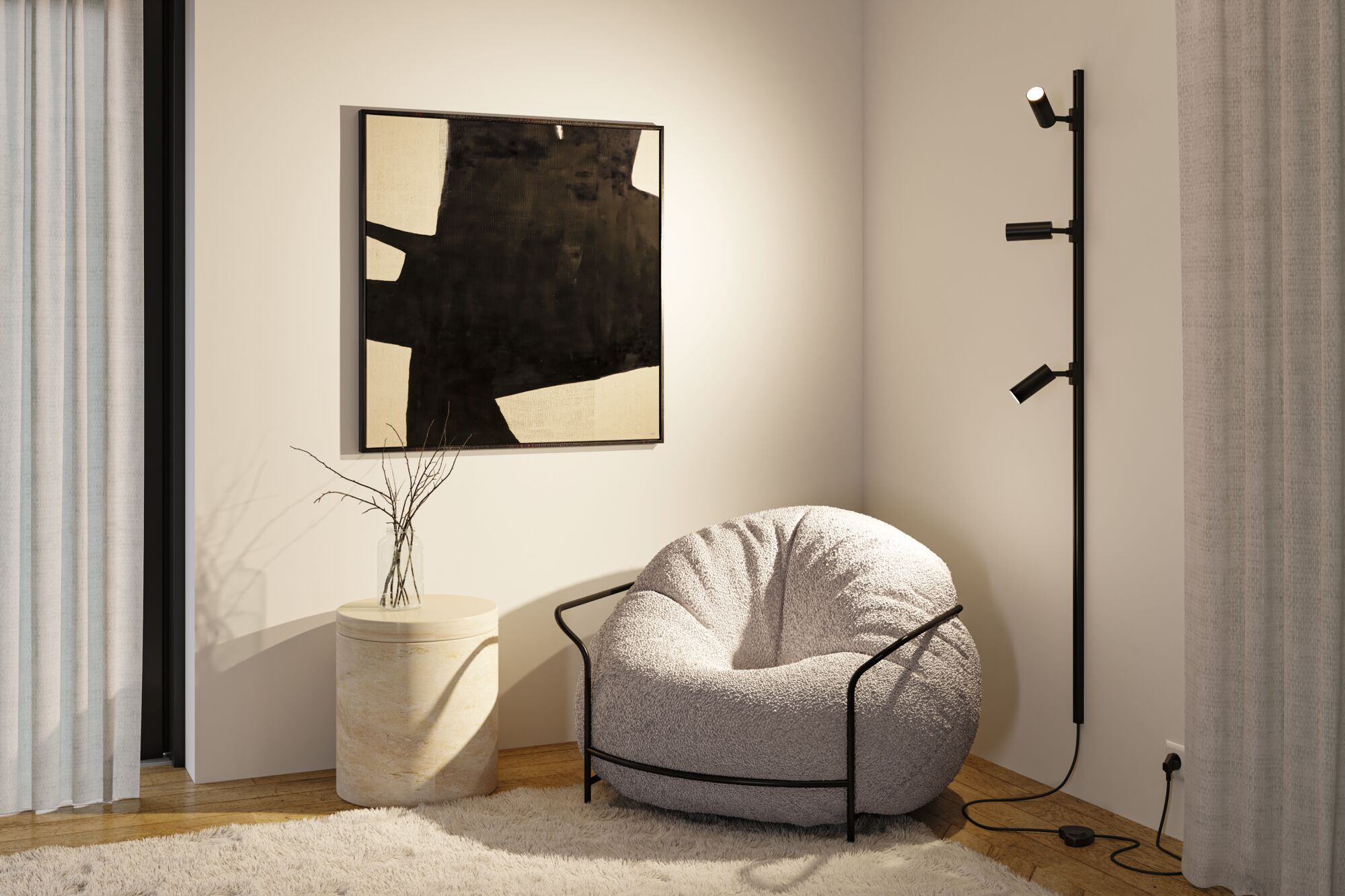 Ein flauschiger grauer Sessel steht in einer Ecke neben einem kleinen Steintisch, einer schwarzen Stehlampe und abstrakter Kunst.