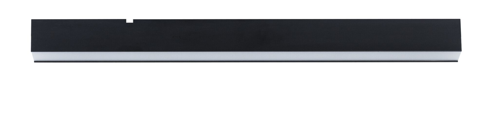 Czarna liniowa oprawa LED z białym kloszem na białym tle.