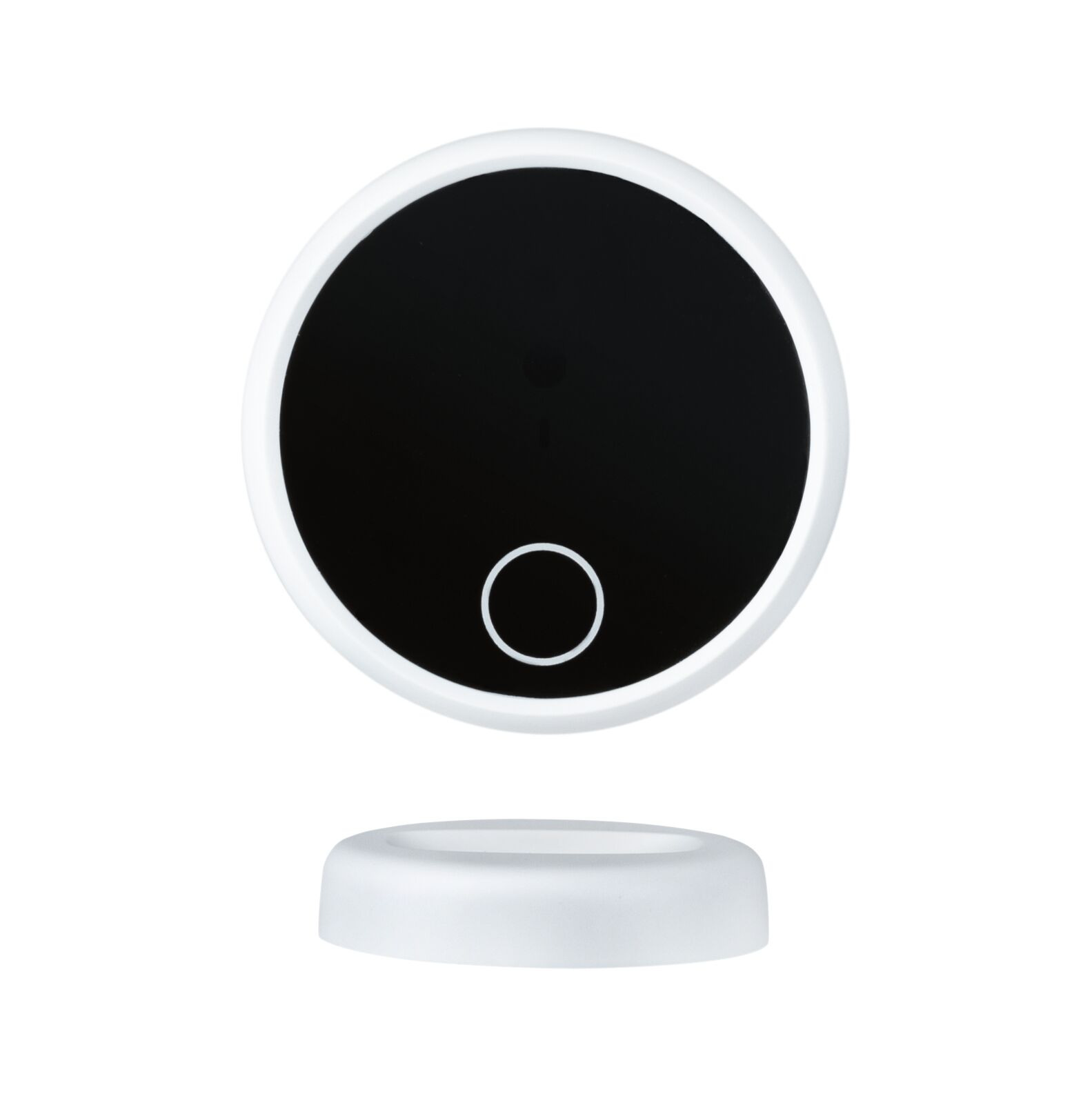 Rundes weißes Smart-Home-Gerät mit schwarzem Display und weißem Ring unten auf weißem Hintergrund.