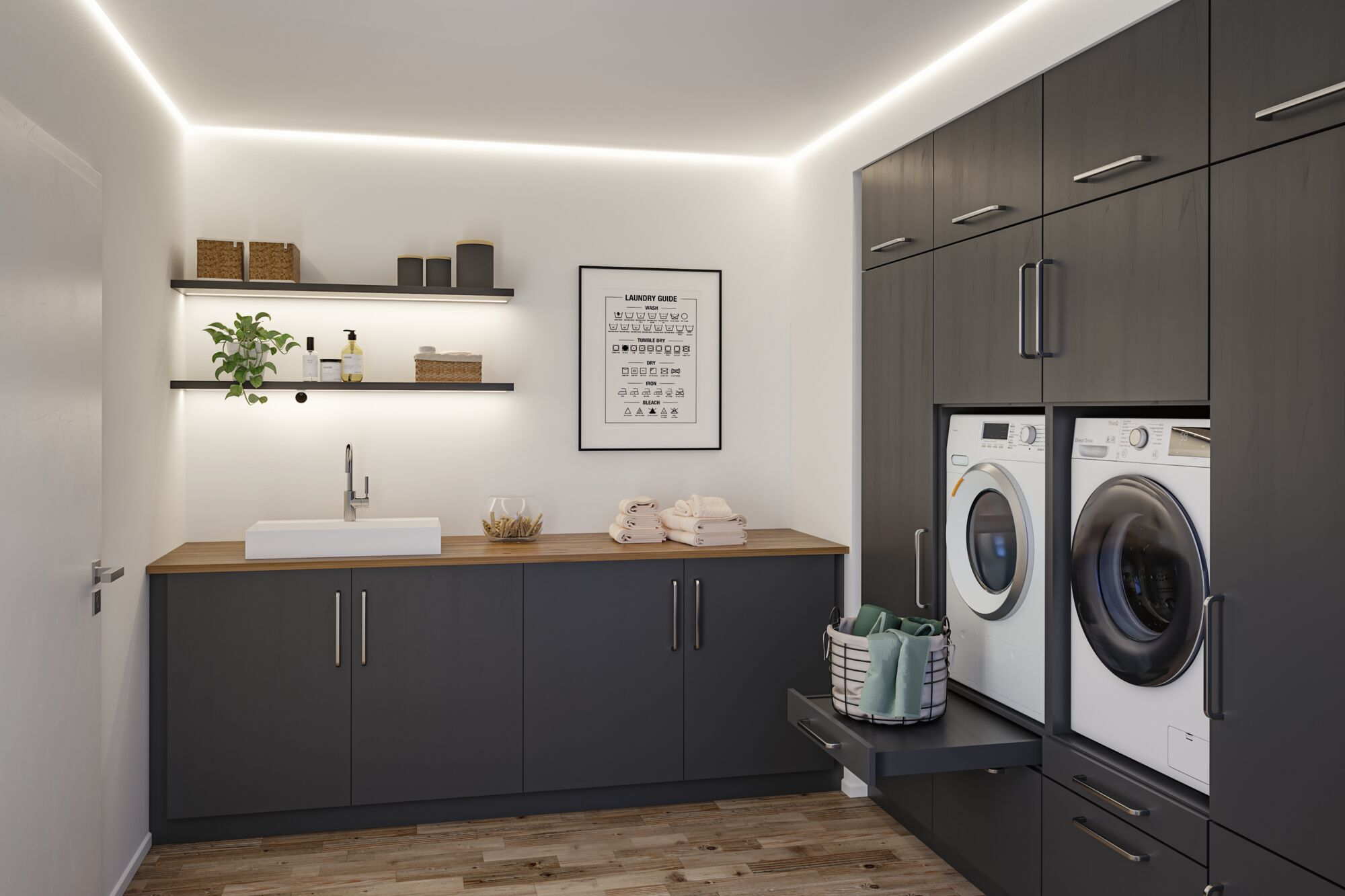 Moderne Waschküche mit dunklen Schränken, weißer Waschmaschine, Trockner, Spüle und beleuchteten Regalen.
