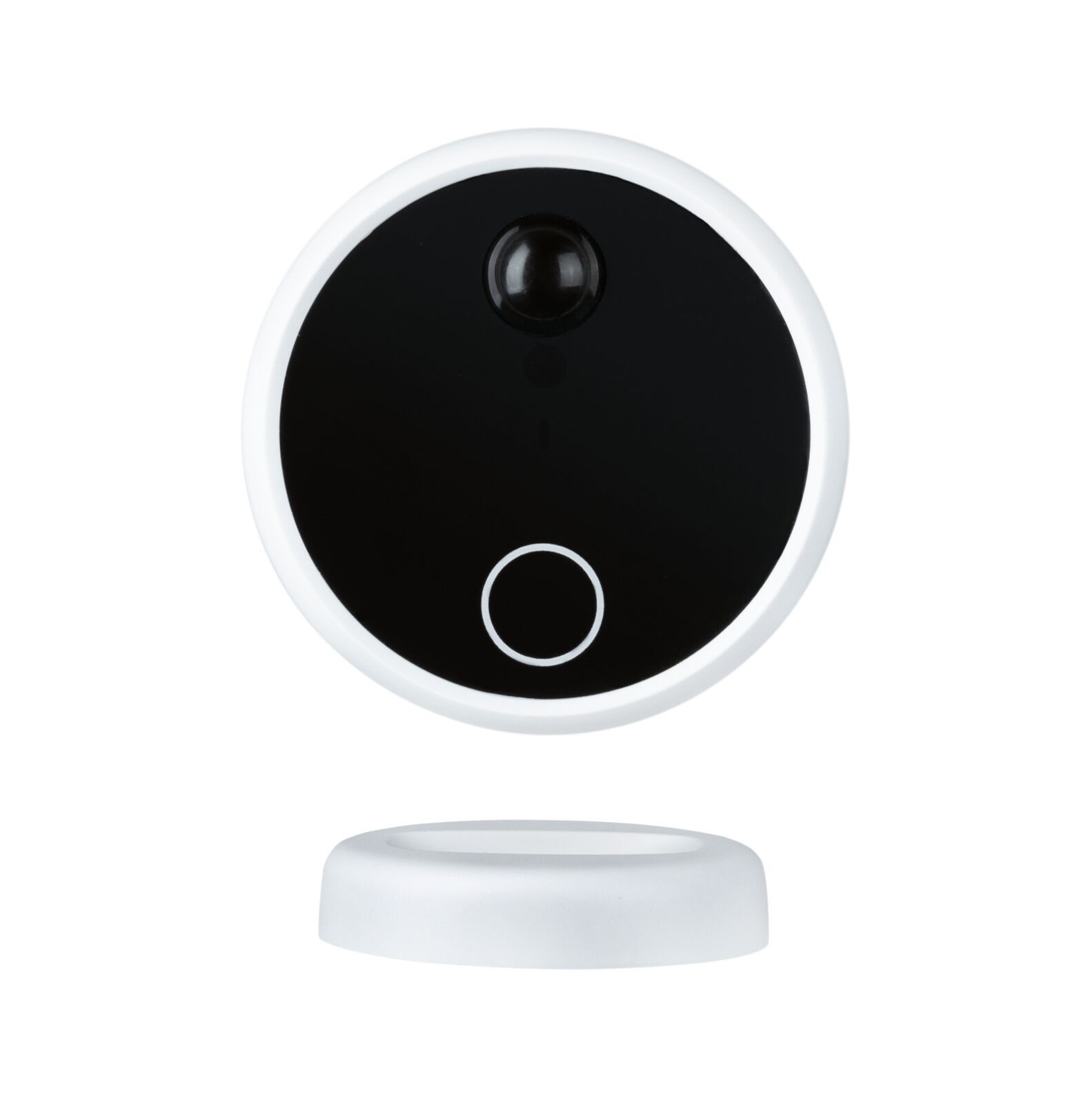 Ein rundes, weißes Smart-Home-Gerät mit schwarzer Mitte, Linse und Kreis-Knopf über einem separaten weißen Sockel.