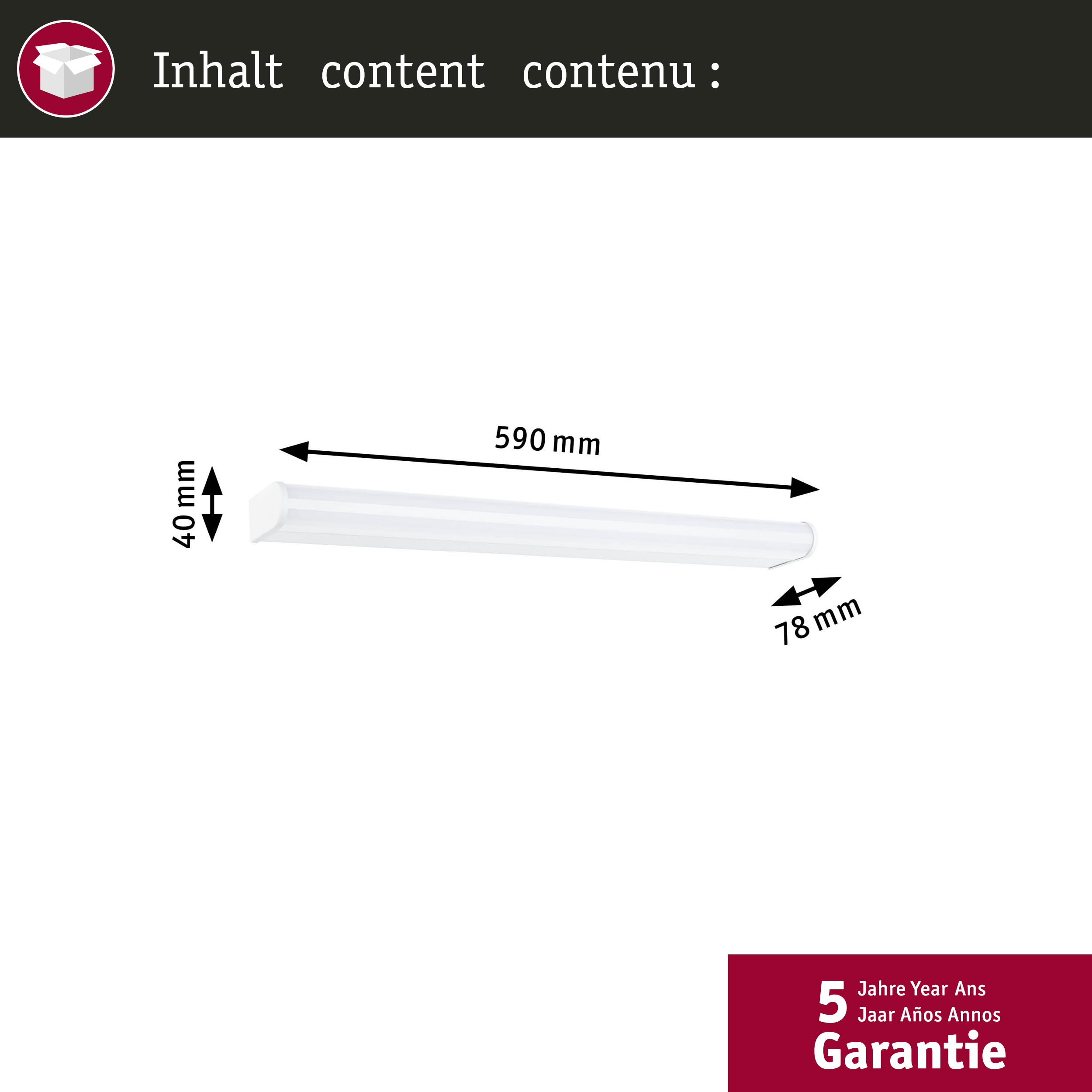 Diagramm einer weißen LED-Leuchte mit den Maßen 590x78x40 mm und 5 Jahren Garantie.