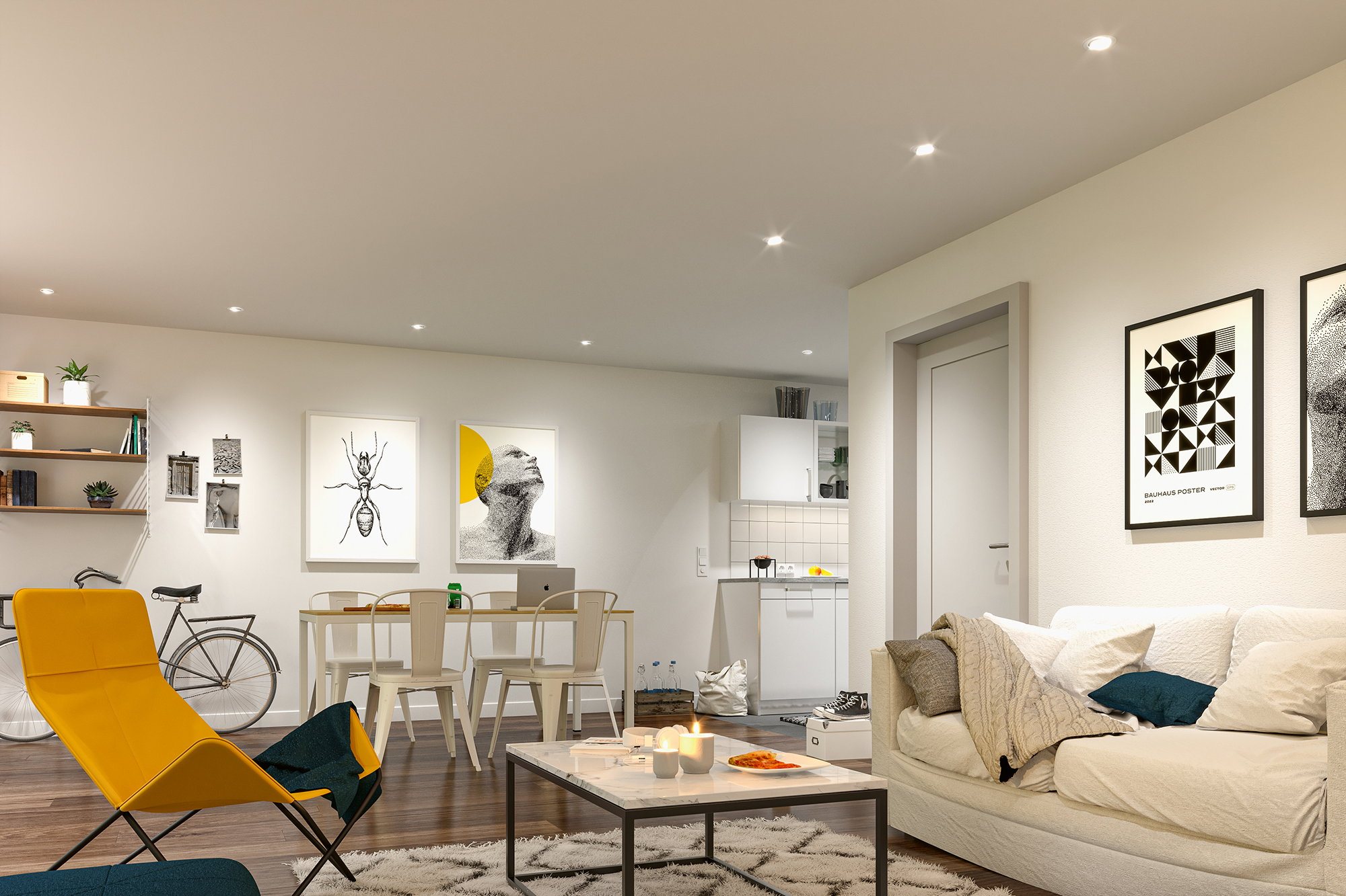 Helles, offenes Wohnzimmer mit weißem Sofa, Marmor-Couchtisch, gelbem Sessel, Esstisch und Blick auf die Küche.