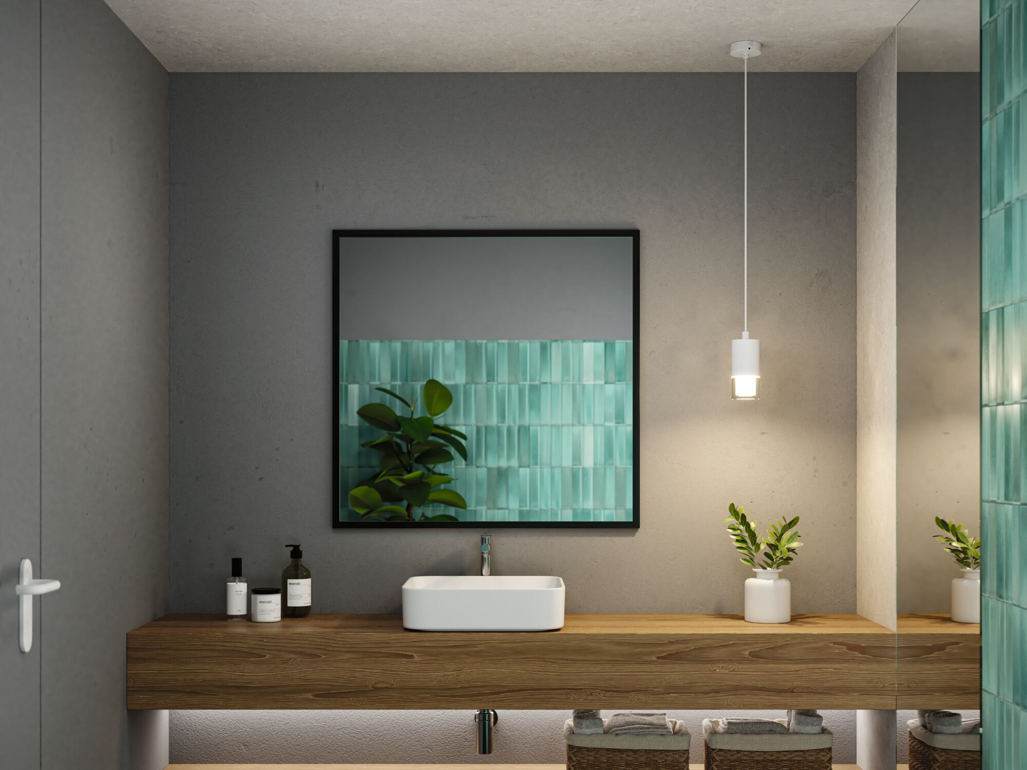 Modernes Badezimmer mit Waschtisch, Spiegel, Pendelleuchte und grünen Fliesen an der Wand.