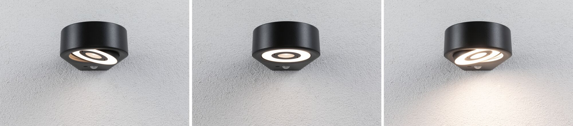 Drei schwarze moderne Wandleuchten mit Bewegungsmeldern an einer grauen Wand in verschiedenen Beleuchtungszuständen.