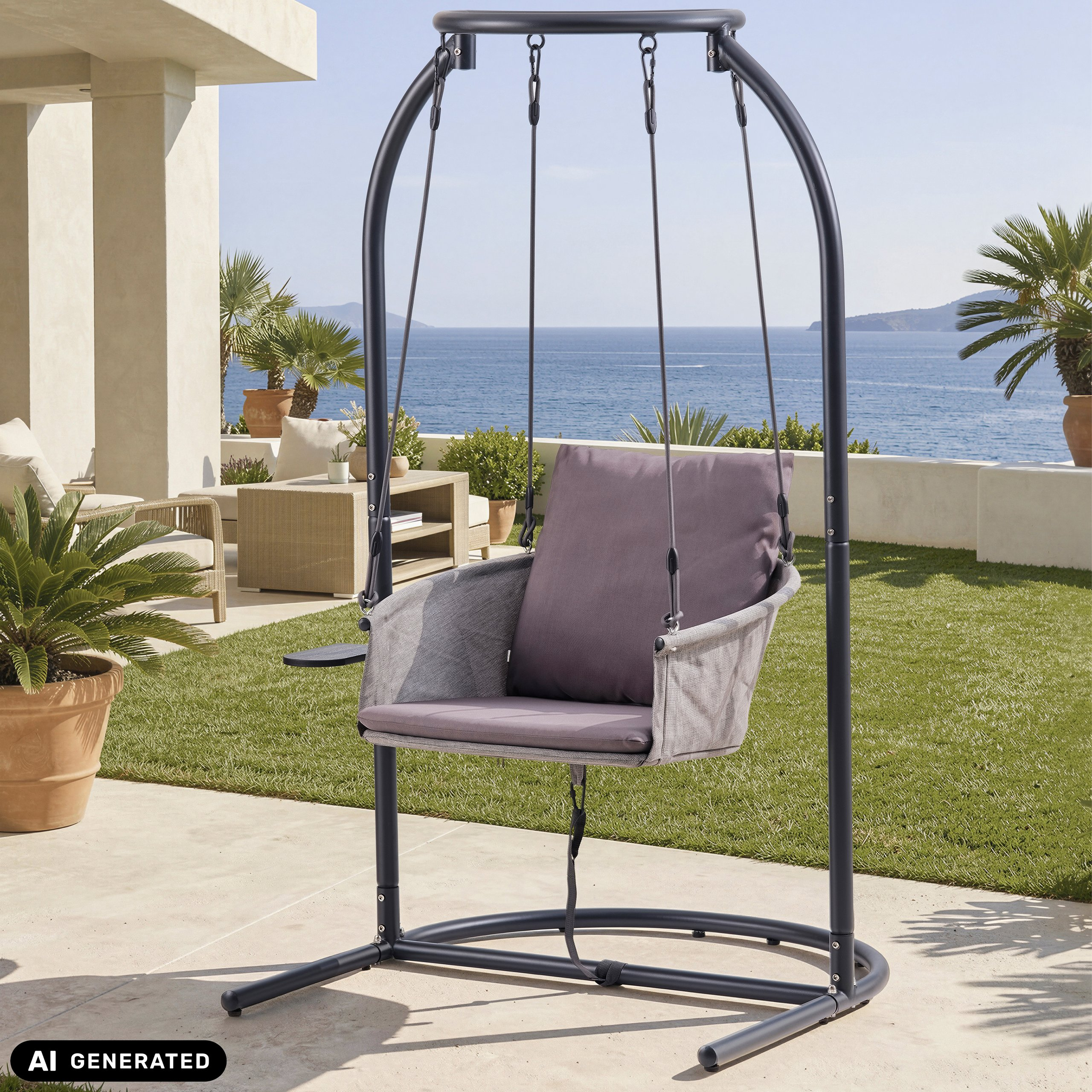 Ein grauer Hänge-Terrassenstuhl mit Kissen steht auf einer Terrasse mit Meerblick und Palmen im Hintergrund.