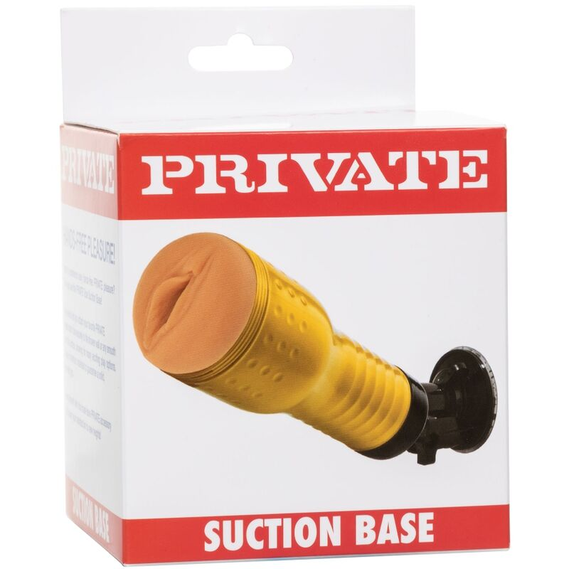 Eine weiße und rote Produktverpackung mit der Aufschrift PRIVATE und SUCTION BASE zeigt einen gelben Masturbator.
