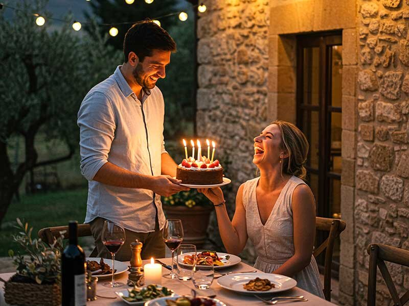 Un hombre sorprende a una mujer sonriente al aire libre con un pastel de cumpleaños con velas encendidas.