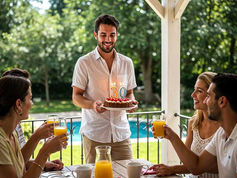Un hombre sonriente lleva un pastel de cumpleaños con el número 30 a unos amigos en una terraza soleada.