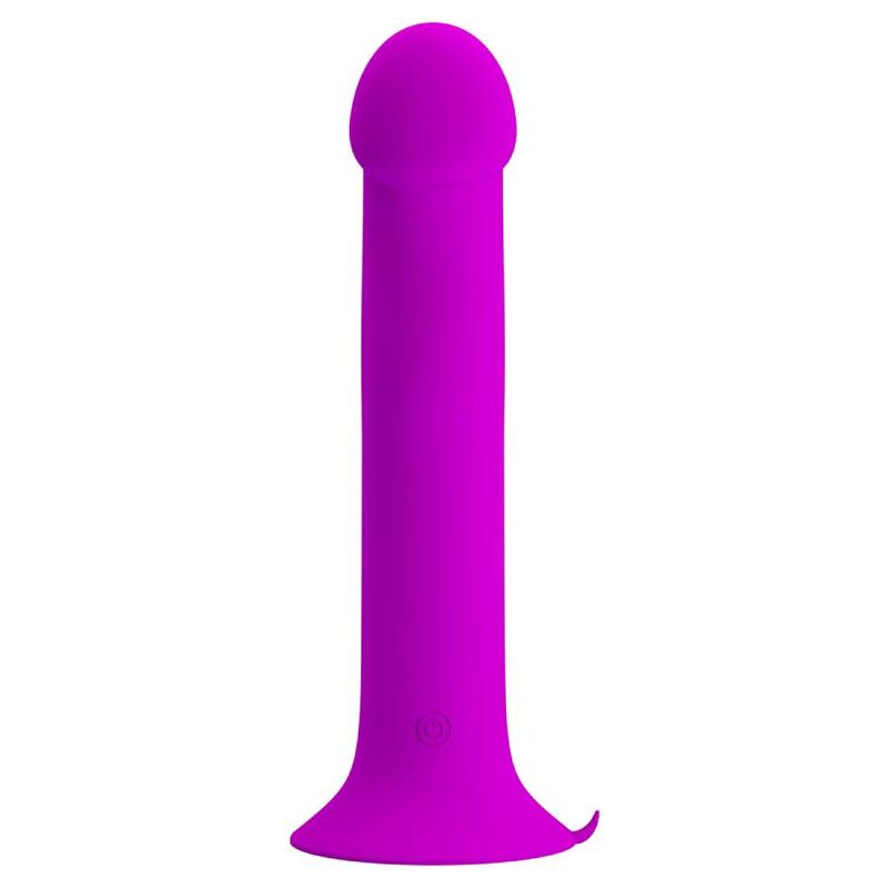 Un vibrante dildo de silicona magenta de pie contra un fondo blanco liso, con una base ensanchada.