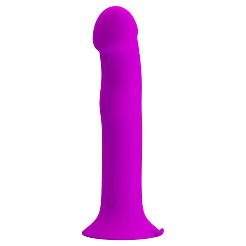 Un vibrante juguete sexual de silicona magenta con base ensanchada y punta redondeada sobre fondo blanco.