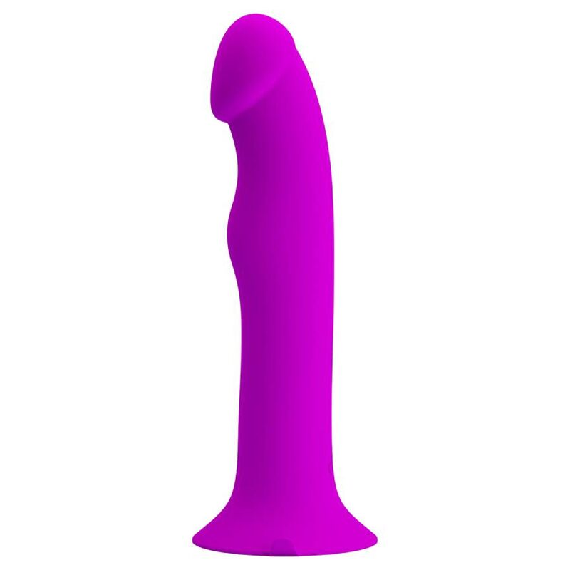 Un dildo de silicona morado liso con diseño curvo y base ensanchada sobre fondo blanco.
