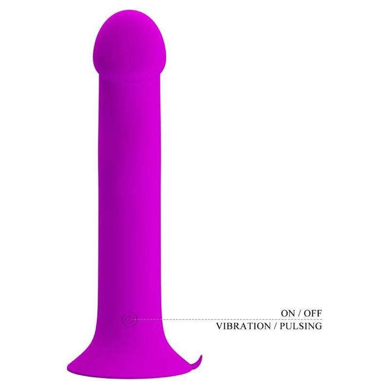Dildo morado sobre fondo blanco con etiquetas para encendido y vibración.