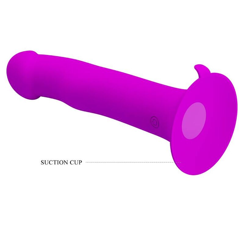 Un juguete sexual morado con punta redondeada y base de ventosa sobre fondo blanco.