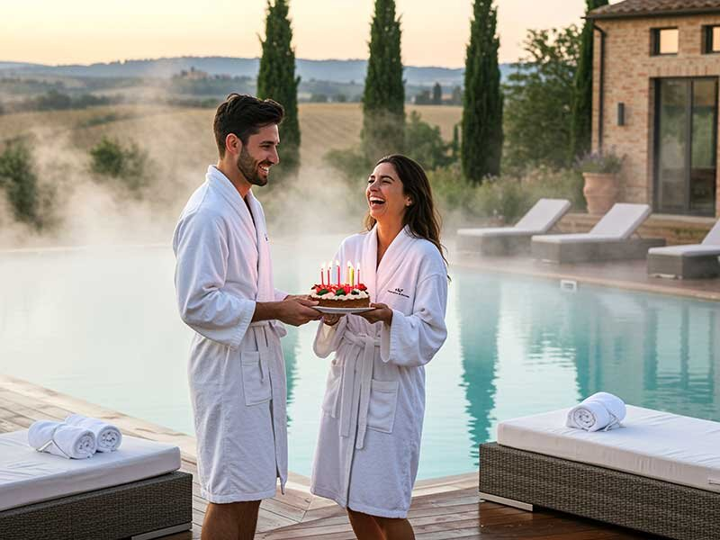 Una pareja sonriente en albornoces blancos sostiene un pastel de cumpleaños junto a una piscina con vapor al atardecer.