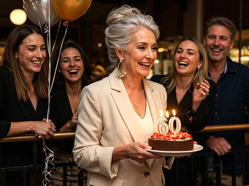 Una mujer mayor elegante sostiene un pastel de 60 cumpleaños con velas, sonriendo junto a amigos alegres.