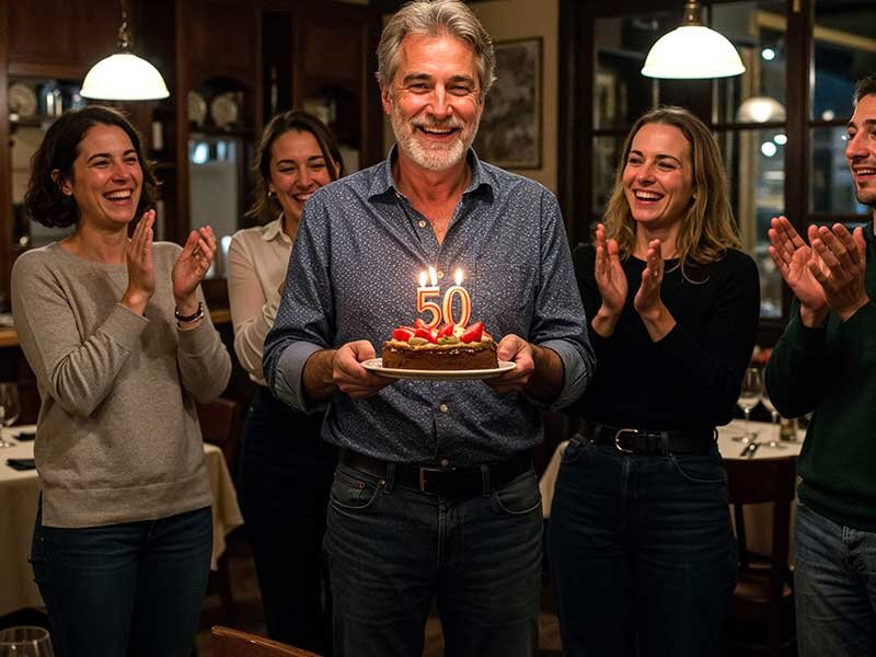 Un hombre sonriente sostiene un pastel de 50 años con velas, rodeado de amigos aplaudiendo en un restaurante.