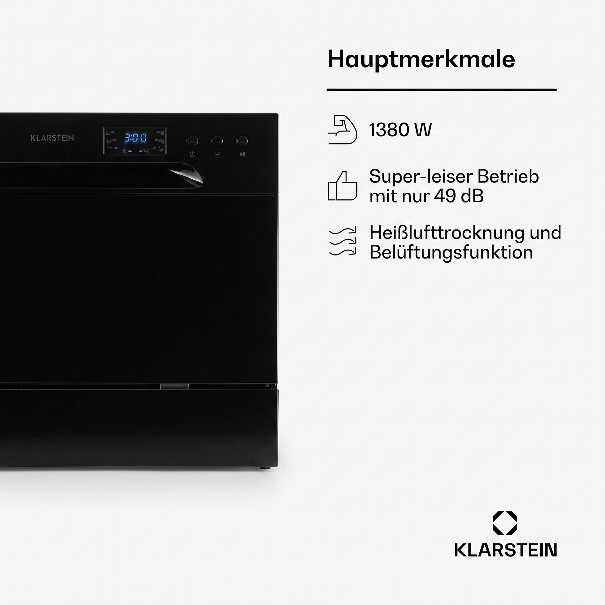 Lavavajillas negro Klarstein con características como 1380W y operación silenciosa.