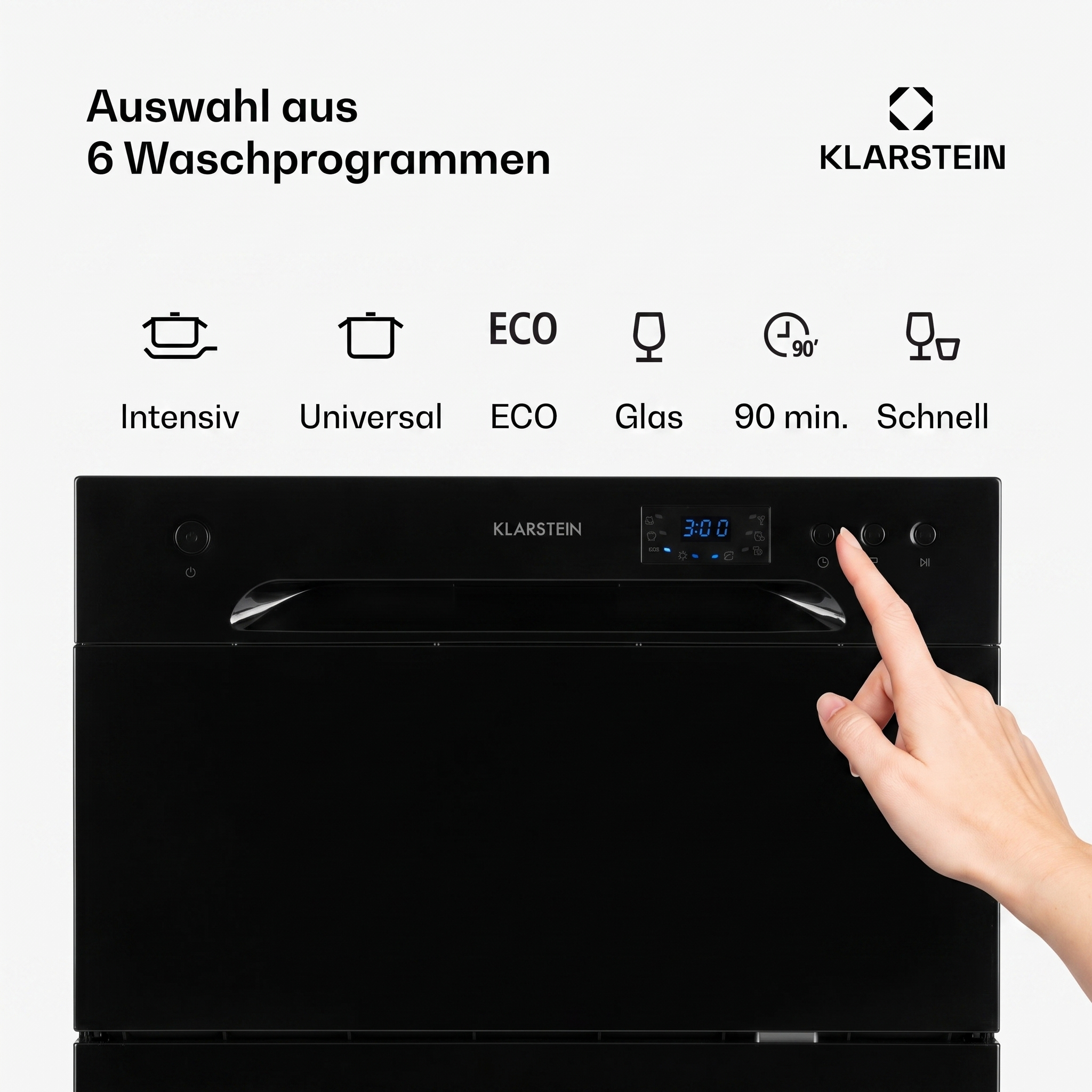 Mano presionando el panel de control de un lavavajillas negro Klarstein con 6 programas.
