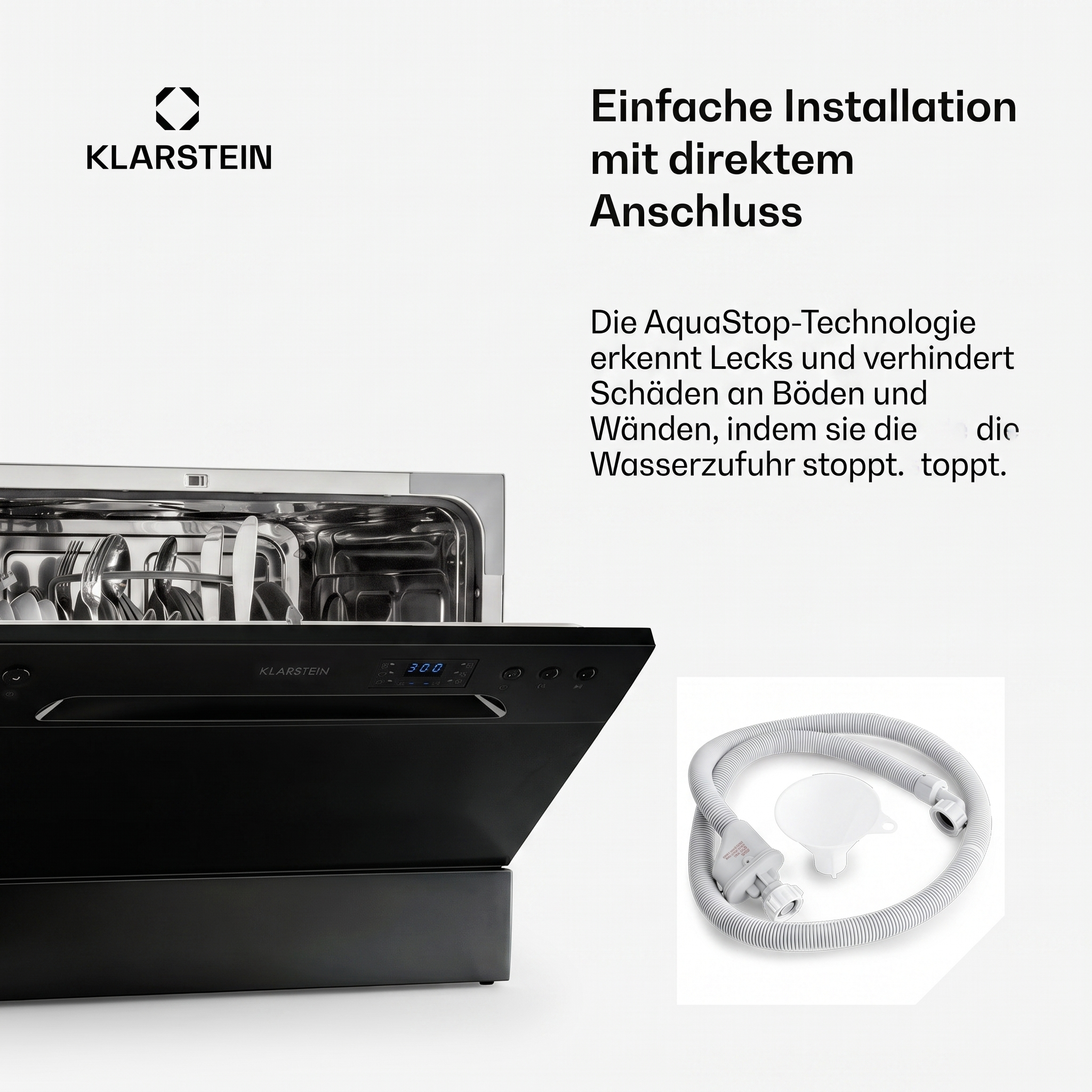 Lavavajillas Klarstein con tecnología AquaStop y manguera gris con embudo a la derecha.
