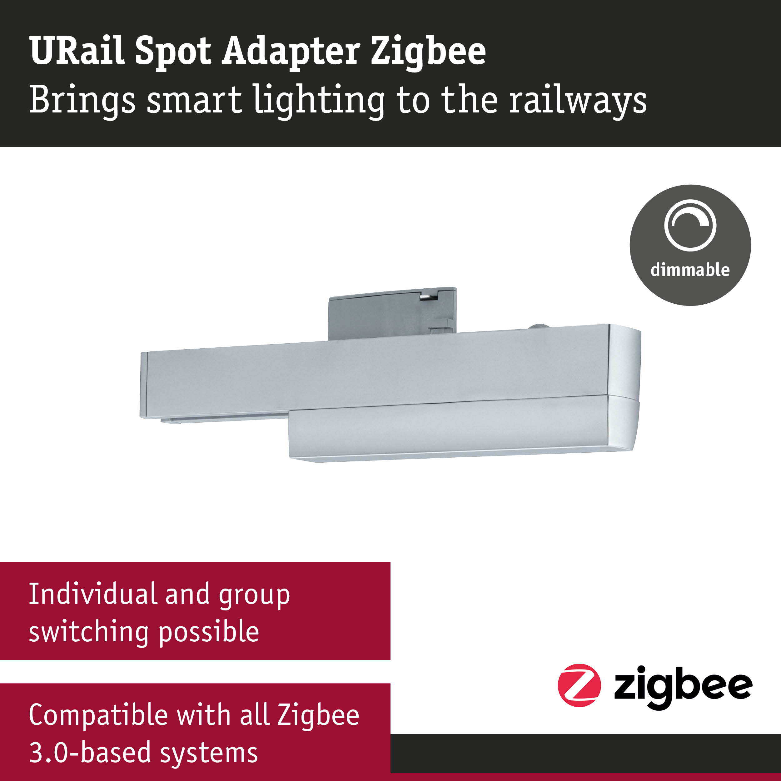 Silberfarbener URail Spot Adapter Zigbee mit Dimmfunktion und Text auf schwarzem und rotem Hintergrund.