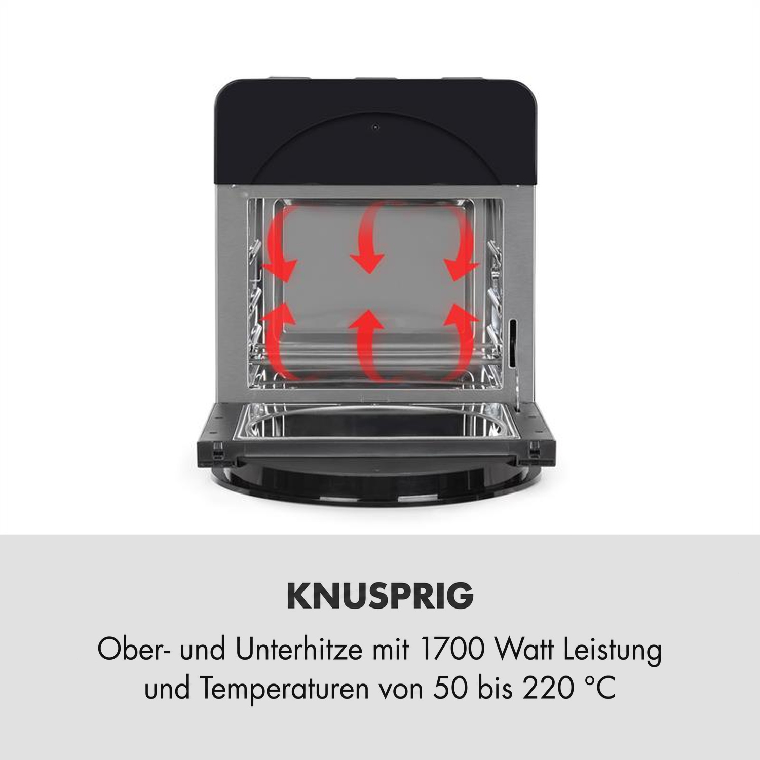 Ein offener Ofen mit roten Pfeilen, die Ober- und Unterhitze zeigen, und Text unten zur Leistung.