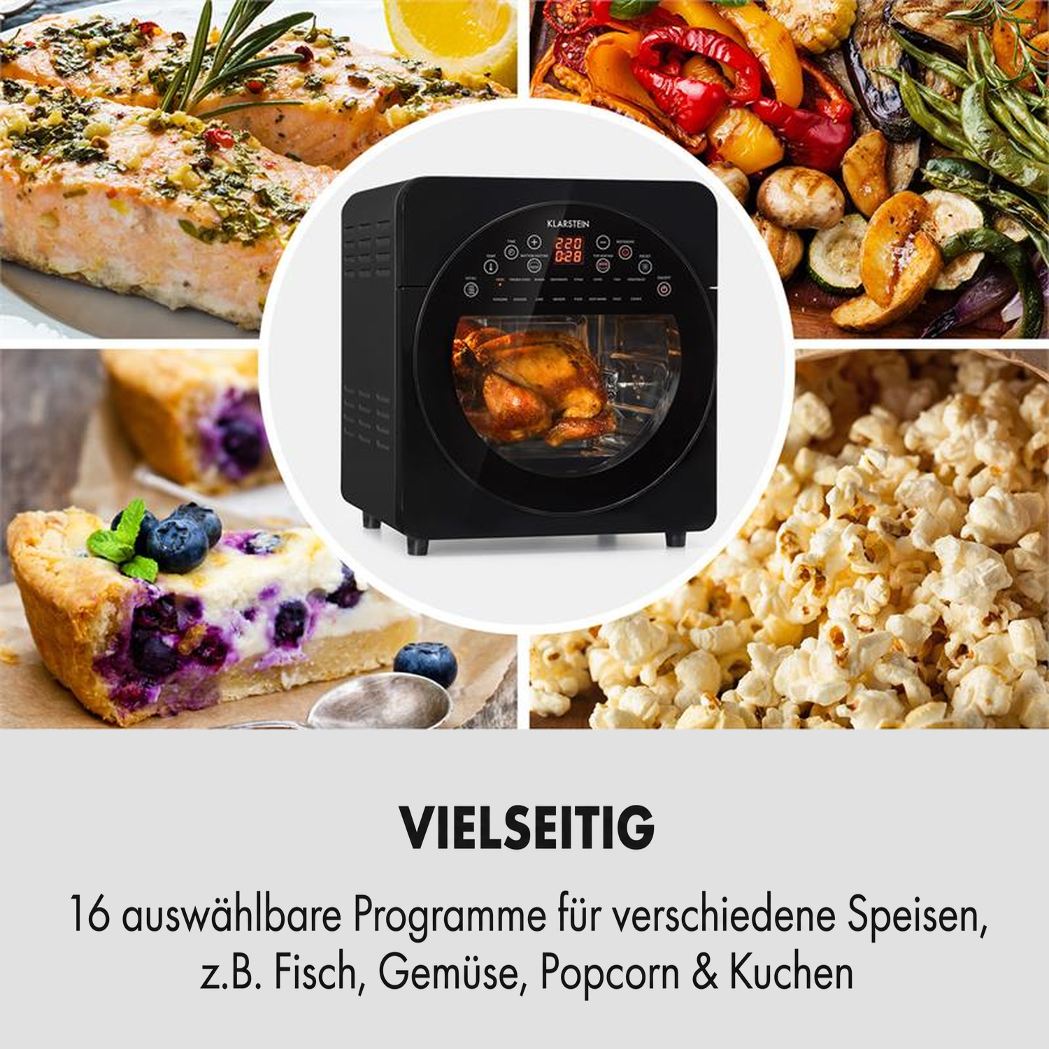 Schwarze Heißluftfritteuse in der Mitte, umgeben von Fisch, Gemüse, Popcorn und Kuchen.