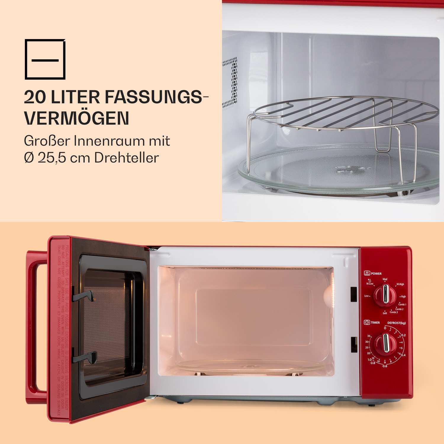 Rote Mikrowelle mit 20 Liter Volumen, Glasdrehteller und Grillrost im Inneren.