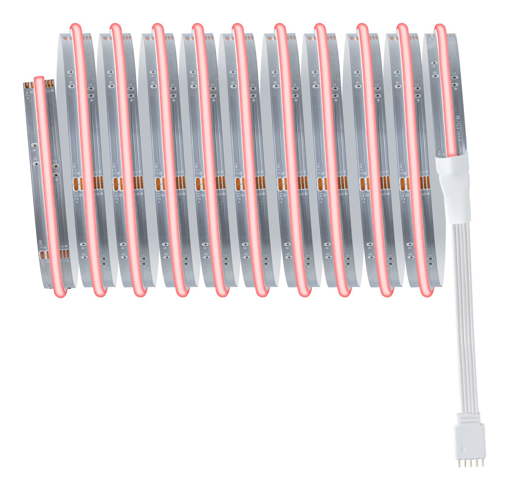 Aufgerollter LED-Streifen mit rotem Licht und weißem Anschlusskabel.